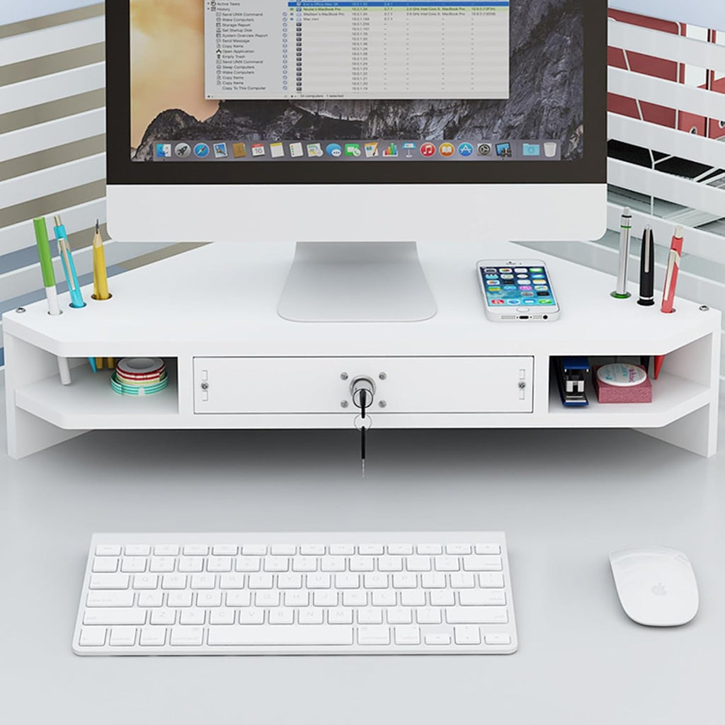 White Triangular Monitor Stand with Drawer 2-Tier Wooden DeskAdjustable Computer Riser for Home Office Space-Saving Desk Storage Solution.
