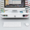 White Triangular Monitor Stand with Drawer 2-Tier Wooden DeskAdjustable Computer Riser for Home Office Space-Saving Desk Storage Solution.