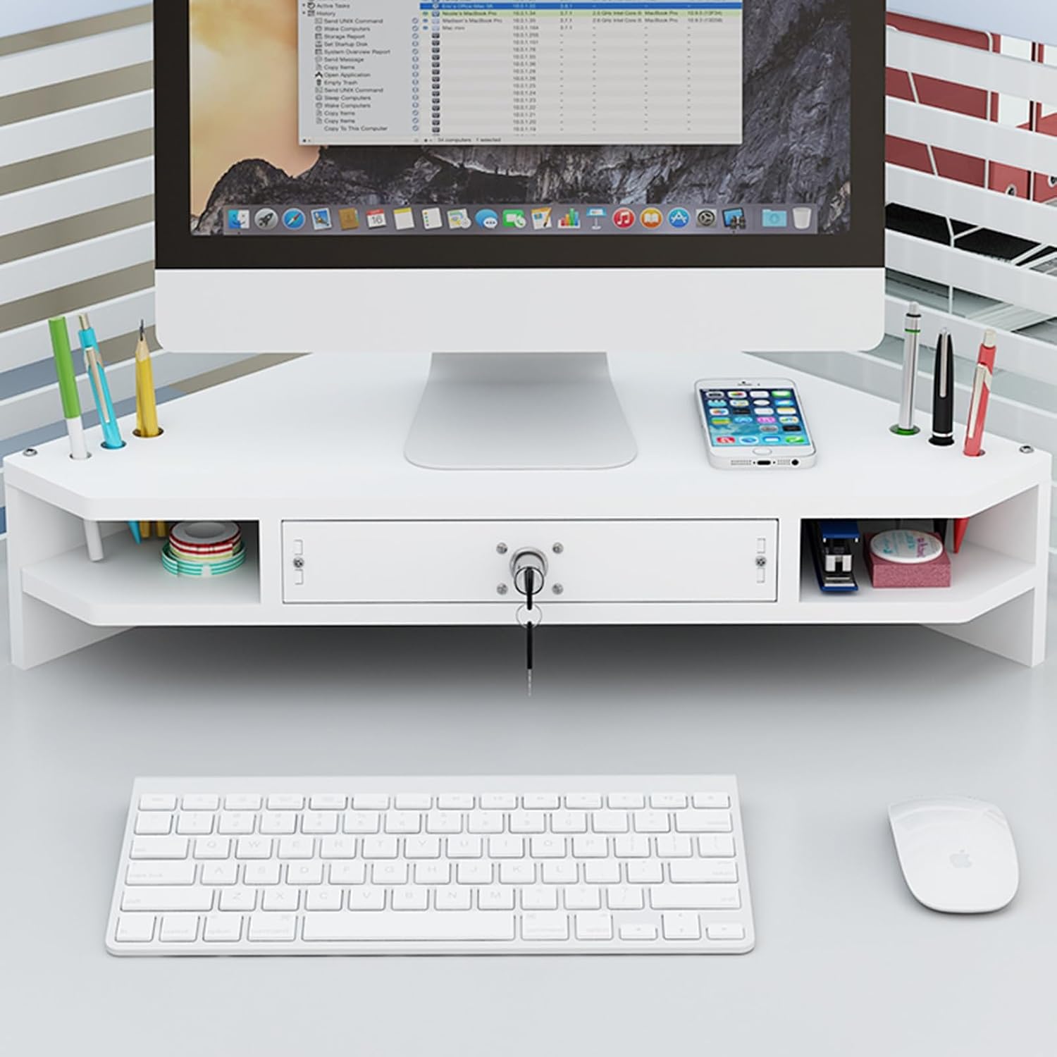 White Triangular Monitor Stand with Drawer 2-Tier Wooden DeskAdjustable Computer Riser for Home Office Space-Saving Desk Storage Solution.