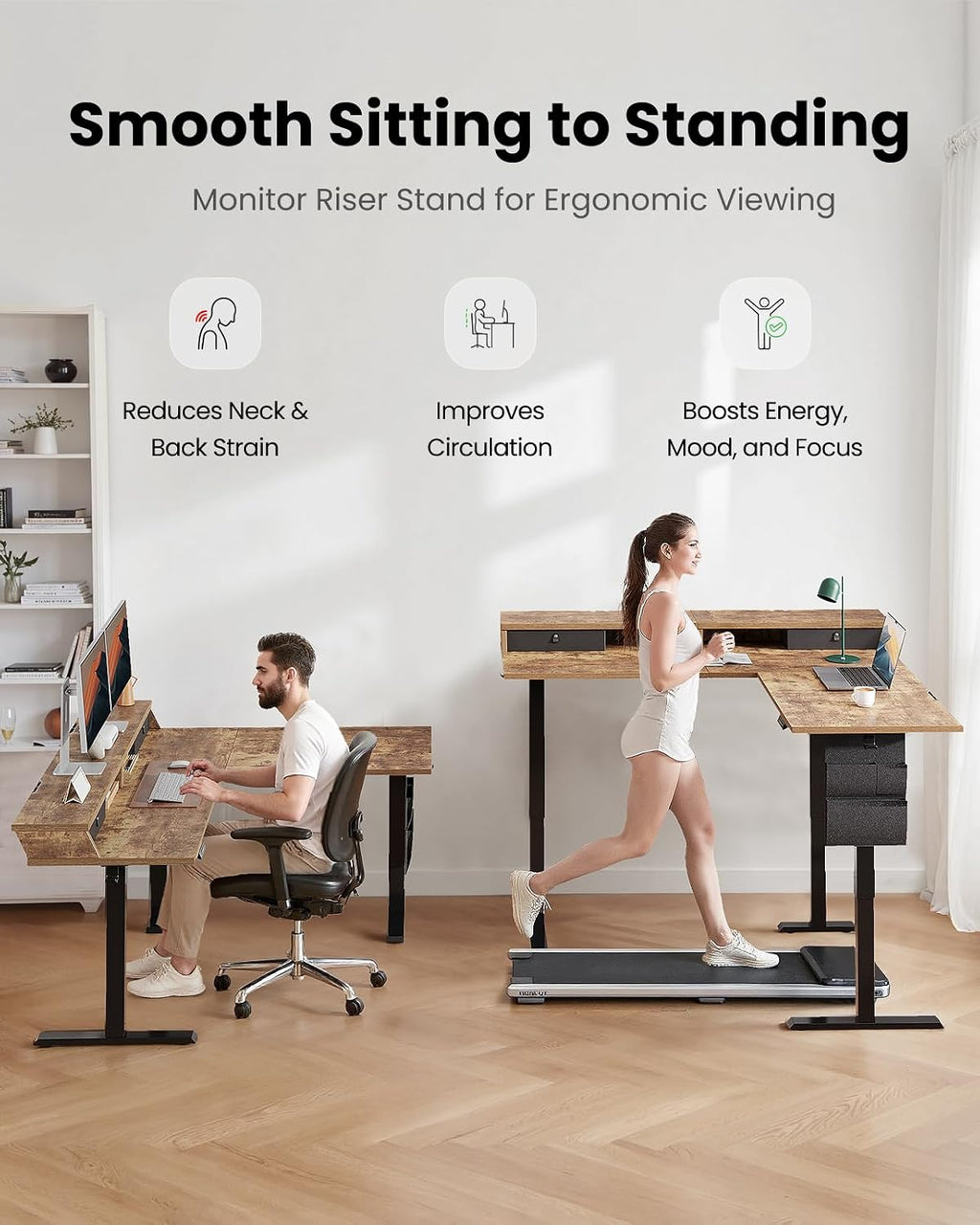 ErGear L Shaped Electric Standing Desk, 63' Ergonomic Corner Height Adjustable Desk with Drawers, Sit Stand Computer Table with Storage for Work Office Home, Vintage Brown