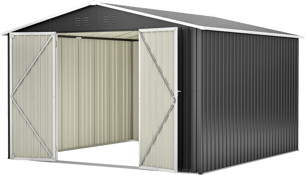 YOPTO 10 x 10 FT Outdoor Storage Shed,Heavy Duty Tool Sheds Metal Storage Garden Shed with Sloped Roof and Lockable Doors,Large Metal Storage Sheds for Backyard Patio Lawn, Black