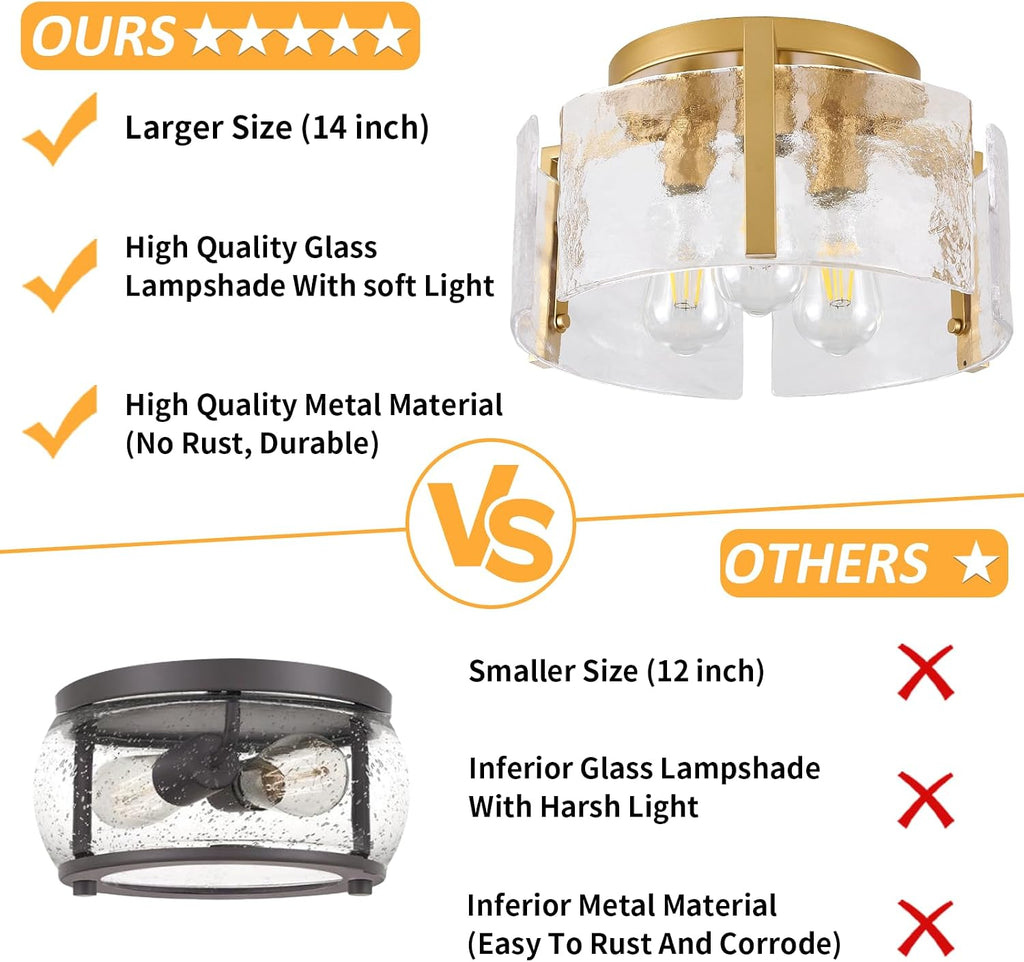 Gold Semi Flush Mount Ceiling Light Fixture, 14-Inch Farmhouse Modern Flush Mount Light Glass Drum Lights Foyer Lighting Fixtures for Kitchen Entryway Hallway Laundry Room Bedroom Bathroom