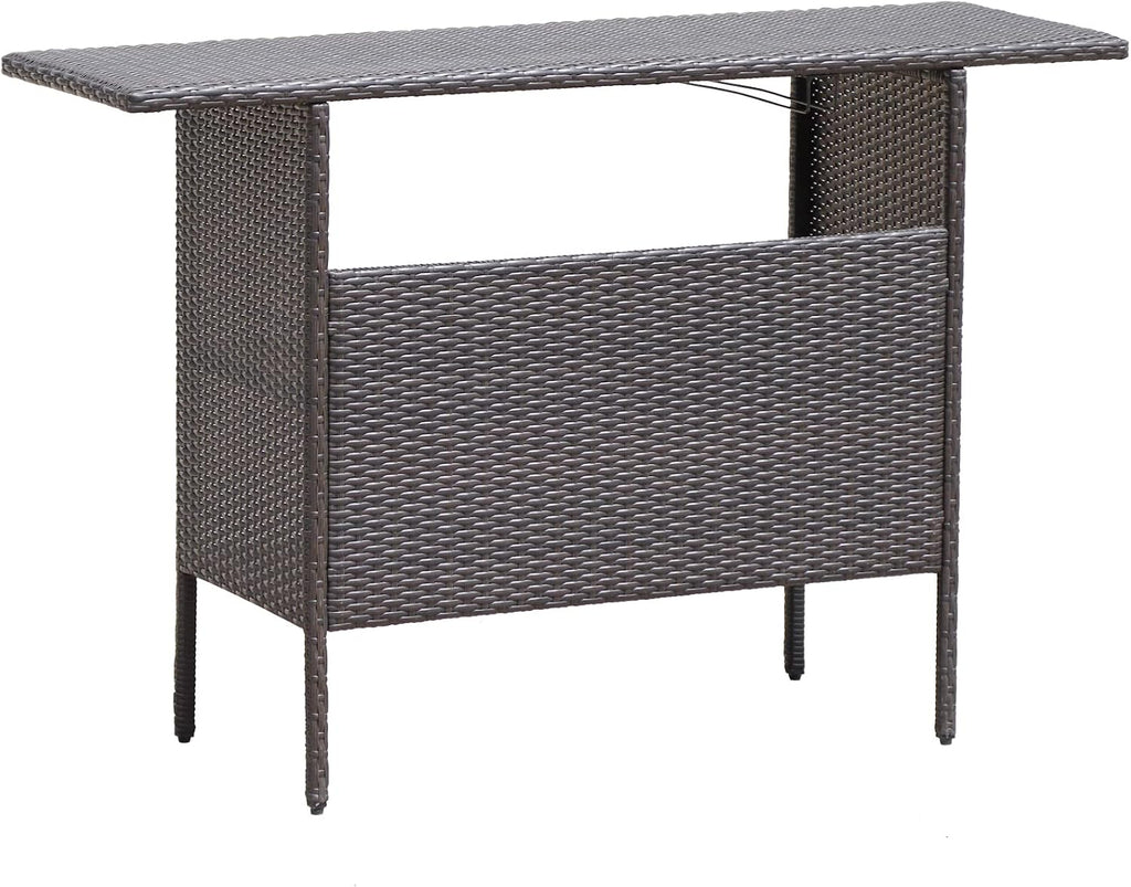 Giantex Outdoor Patio Wicker Bar Table, 2 Storage Shelves, 55''W Tabletop, Rails for Hanging Wine Glasses, Heavy-Duty Metal Frame, Bistro Rattan Bar Counter Table for Poolside Backyard (Mix Brown)