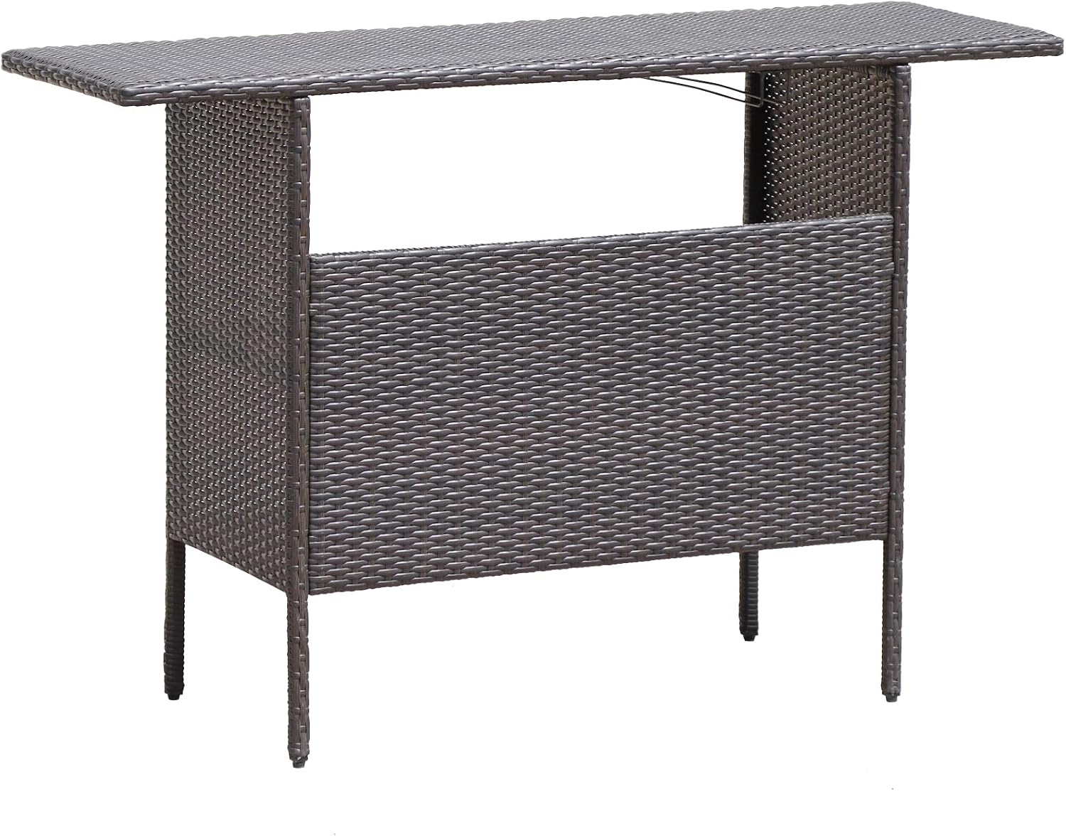Giantex Outdoor Patio Wicker Bar Table, 2 Storage Shelves, 55''W Tabletop, Rails for Hanging Wine Glasses, Heavy-Duty Metal Frame, Bistro Rattan Bar Counter Table for Poolside Backyard (Mix Brown)
