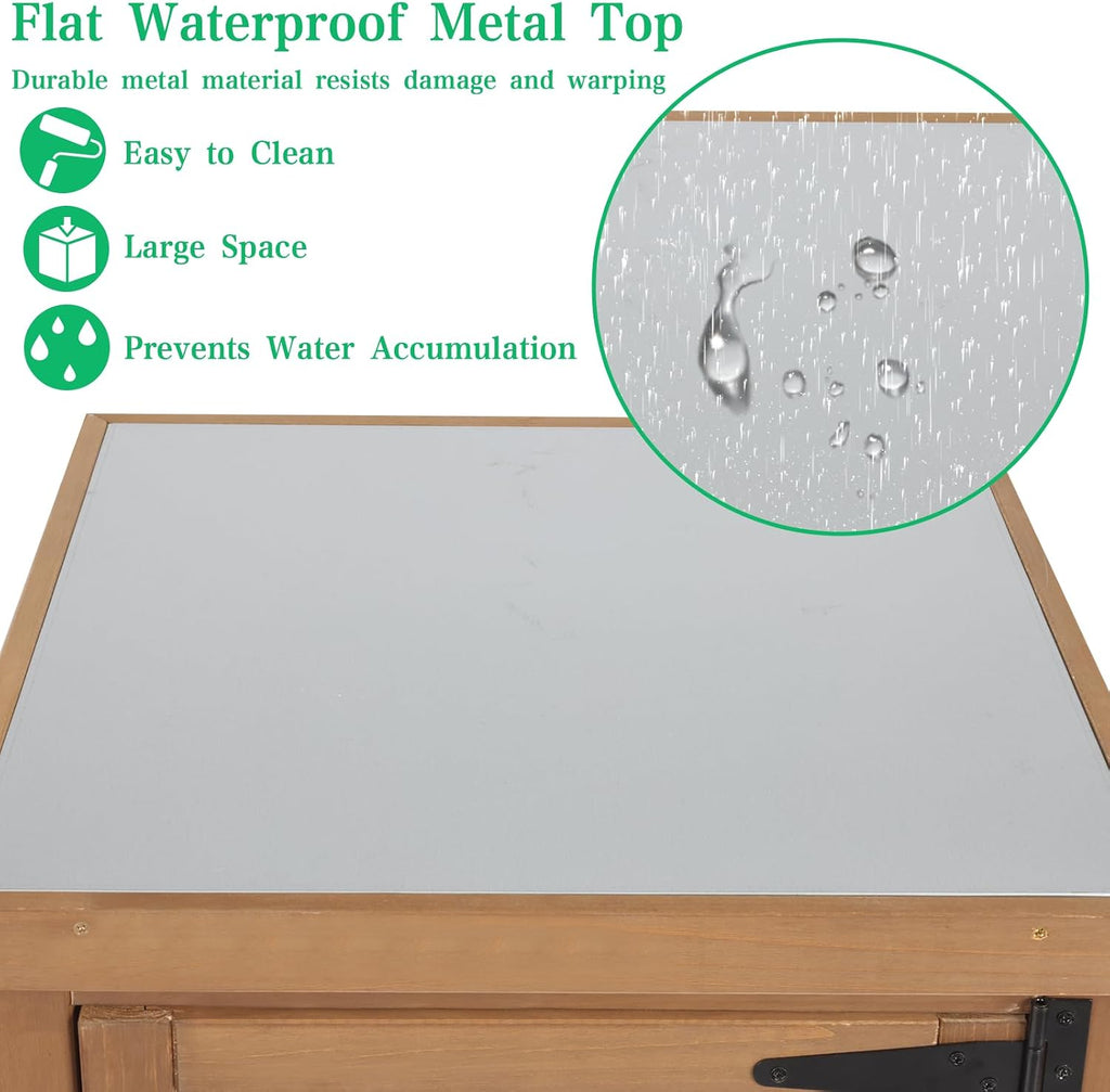 Outdoor Storage Cabinet Weatherproof, Tall Wood Garden Potting Bench Table with Removable Shelves, Metal Top, Outdoor Patio Cabinet Work Station for Tool Accessories,17.8''x17.8''x62''