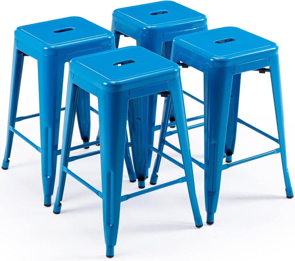 Vogue Furniture Direct 24 Inch Metal Bar Stools, Backless Counter Height Barstools, Indoor Outdoor Stackable Stools with Square Seat, Set of 4 (Blue)