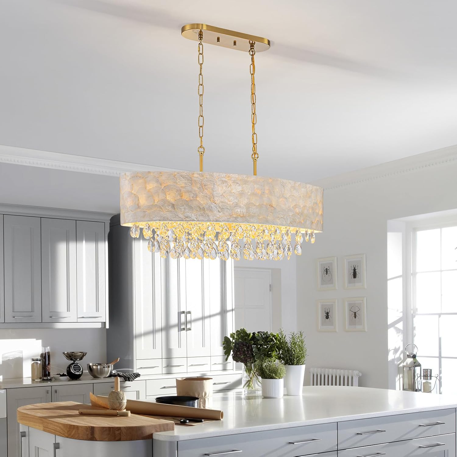 LumFurn 6-Light Oval Capiz Shell Crystal Linear Chandeliers, Coastal Design Light Fixture for Dining Room, Kitchen Island, L32xW12xH19~65in(Adjustable), K9 Crystal, Shell Lampshade & Brass Finish