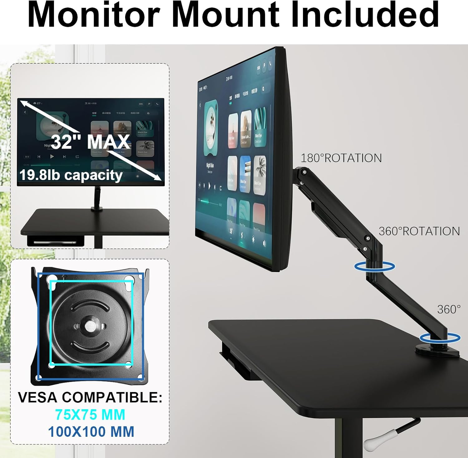 Natwind Mobile Workstation Cart with Monitor Mount,Height Adjustable Rolling Computer Cart, Heavy-Duty Rolling Standing Desk with CPU Holder for Home Office, School,Warehouse, Medical（Black）