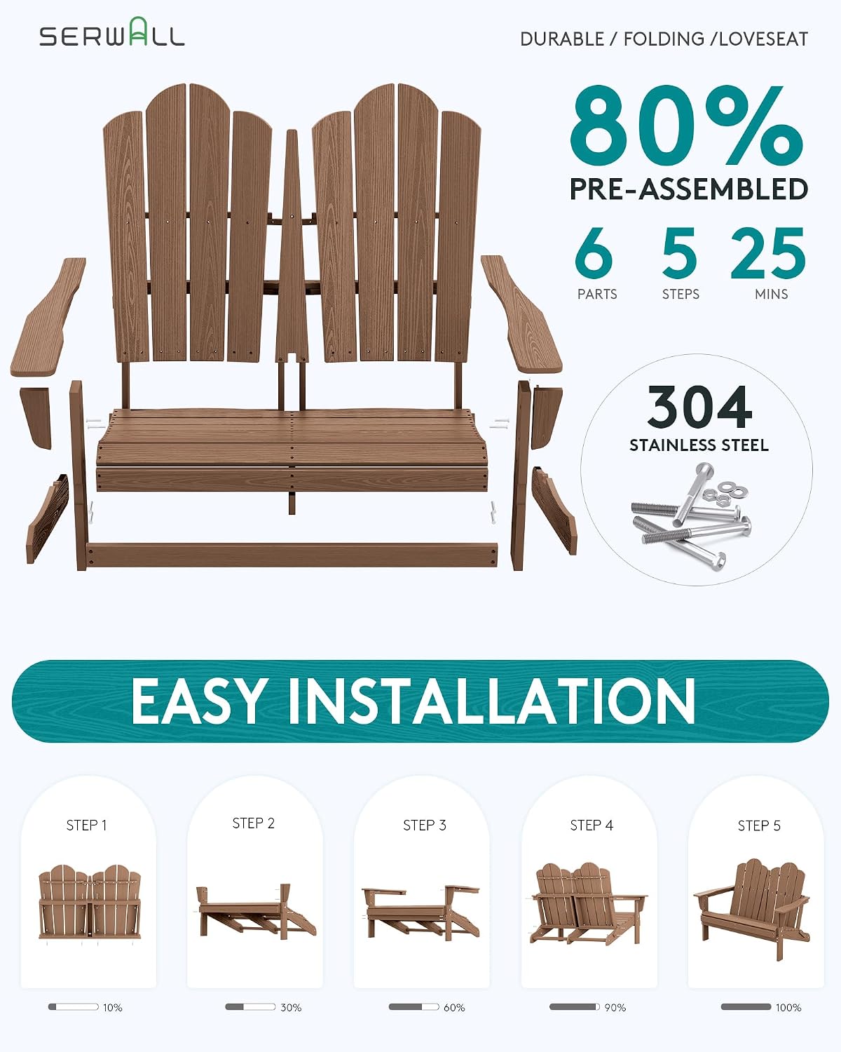 SERWALL 4 Pieces HDPE Patio Adirondack Chair Set, 2 Adirondack Chair with Cup Holder & 1 Adirondack Bench & 1 Coffee Table with Umbrella Hole, Brown