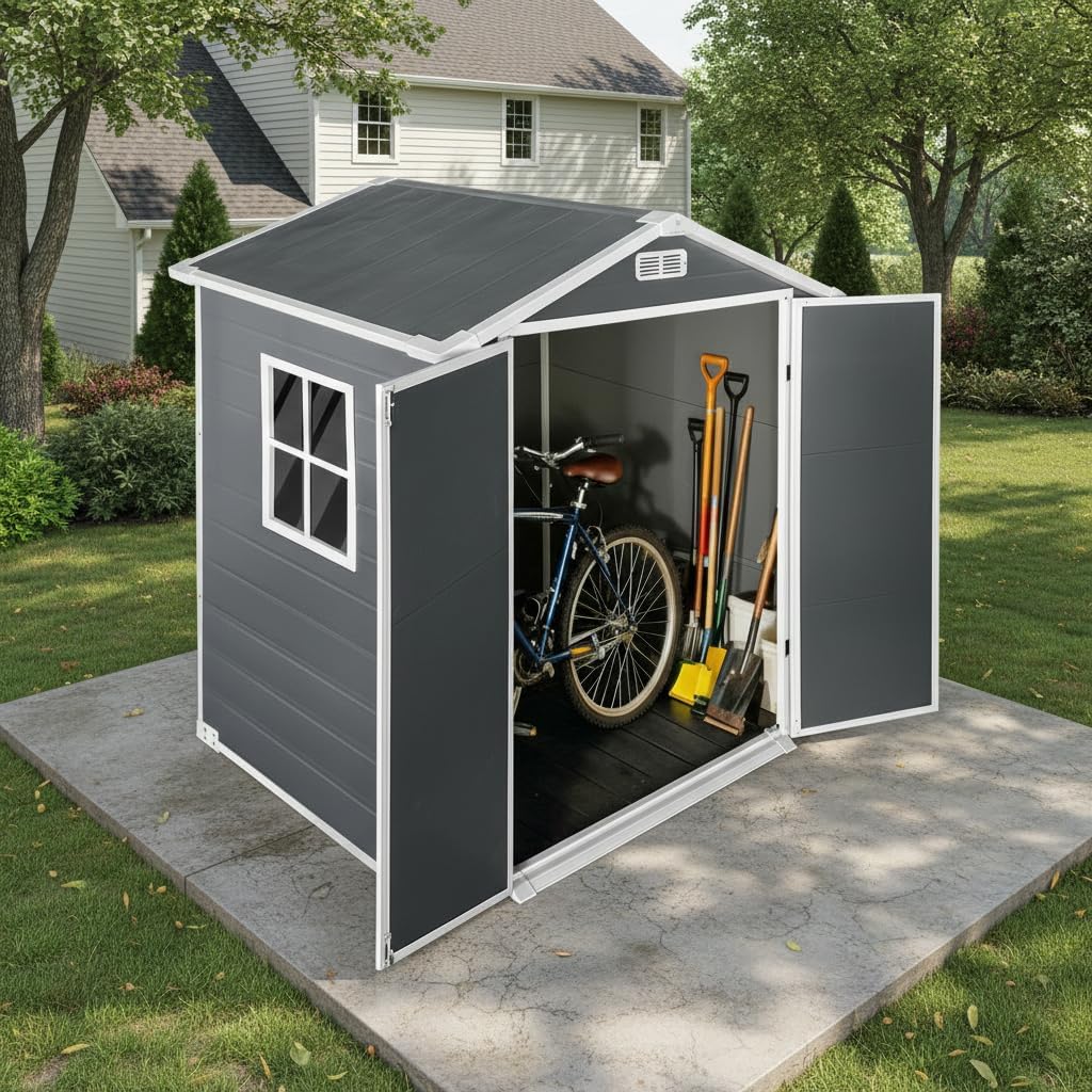YOPTO 6x4 FT Plastic Storage Shed,Outdoor Storage Shed with Floor and Lockable Door,Waterproof Garden Shed W/Windows & Vents,Sloped Roof,Tool House for Storing Bicycles,Lawnmowers,Gray