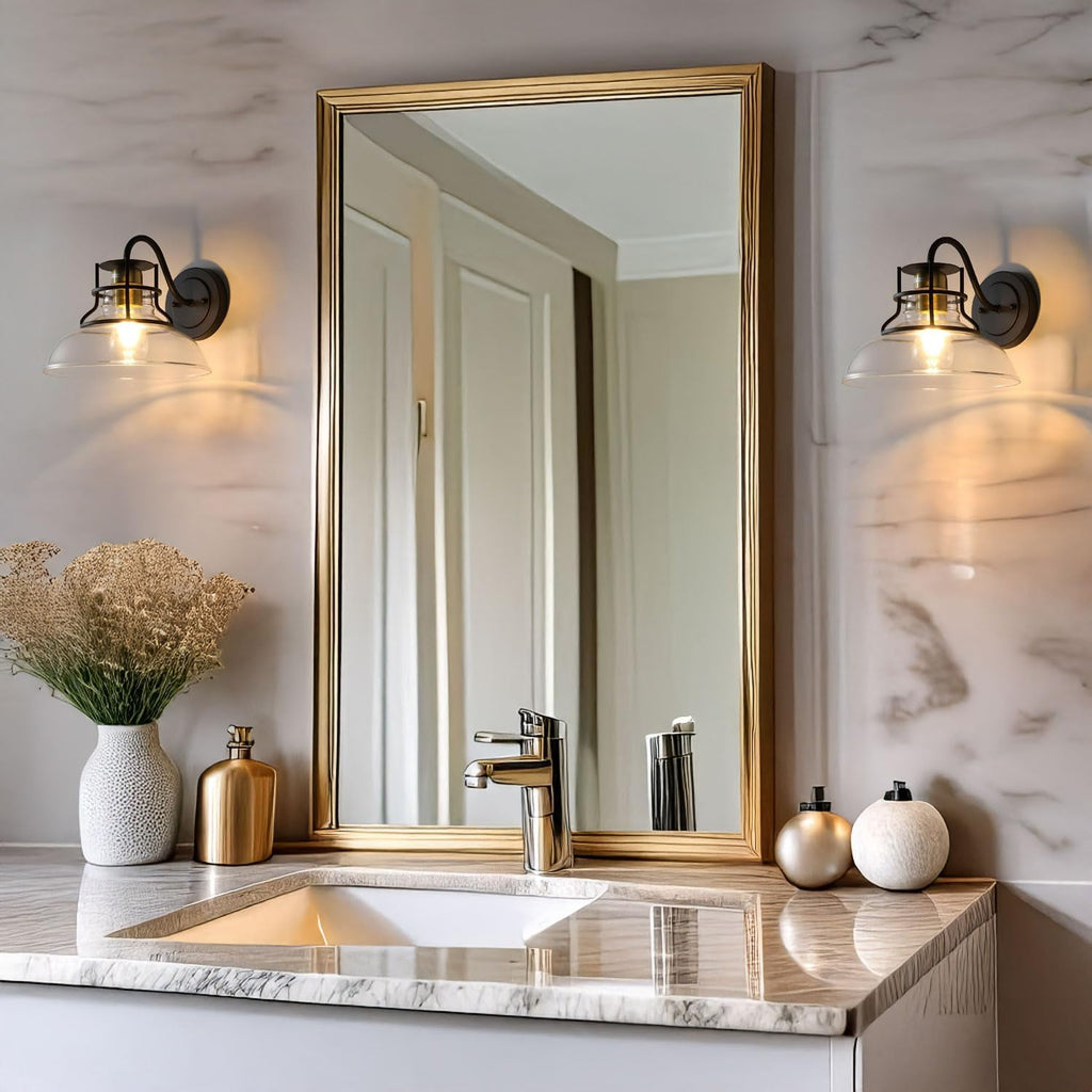 Farmhouse Wall Sconces,Gooseneck Barn Light,Gold and Black Wall Sconce,Vintage Wall Lamp with Clear Glass Shade,for Bathroom Porch Kitchen Living Room (1 Pack)