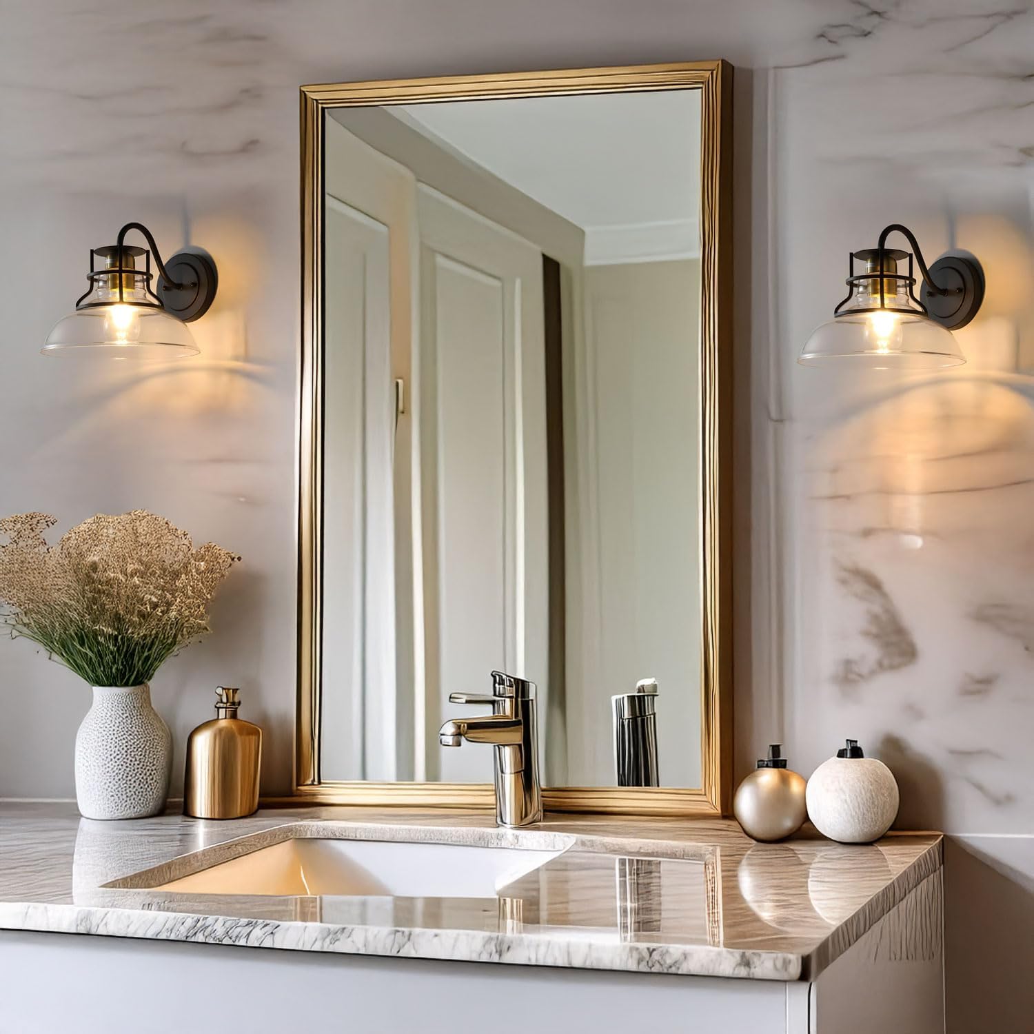 Farmhouse Wall Sconces,Gooseneck Barn Light,Gold and Black Wall Sconce,Vintage Wall Lamp with Clear Glass Shade,for Bathroom Porch Kitchen Living Room (1 Pack)