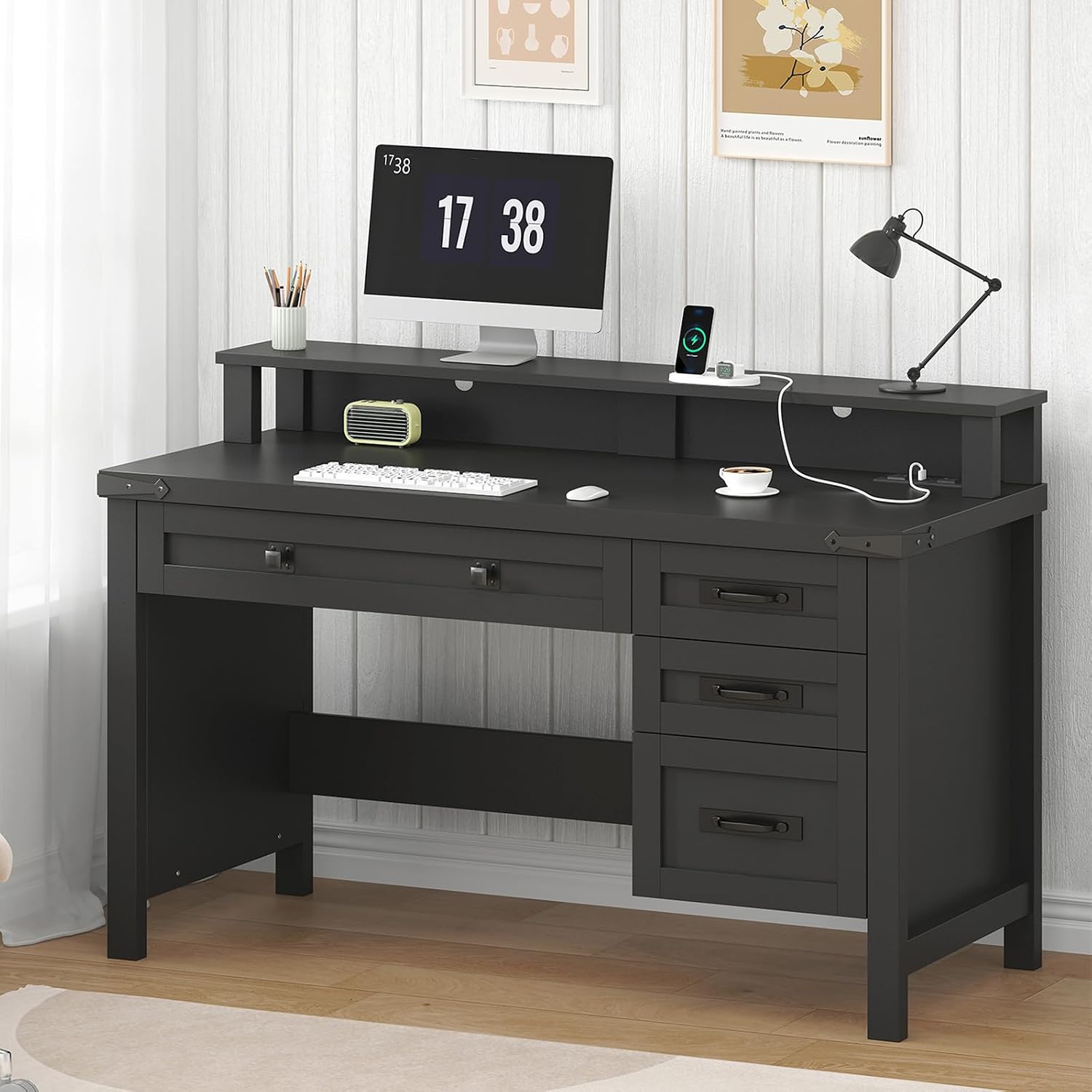 YOMILUVE Farmhouse Computer Desk with Drawers, 47' Small Computer Desk with Power Outlets, Home Office Desk with Monitor Stand & 4 Drawers, Writing Study Table, Black