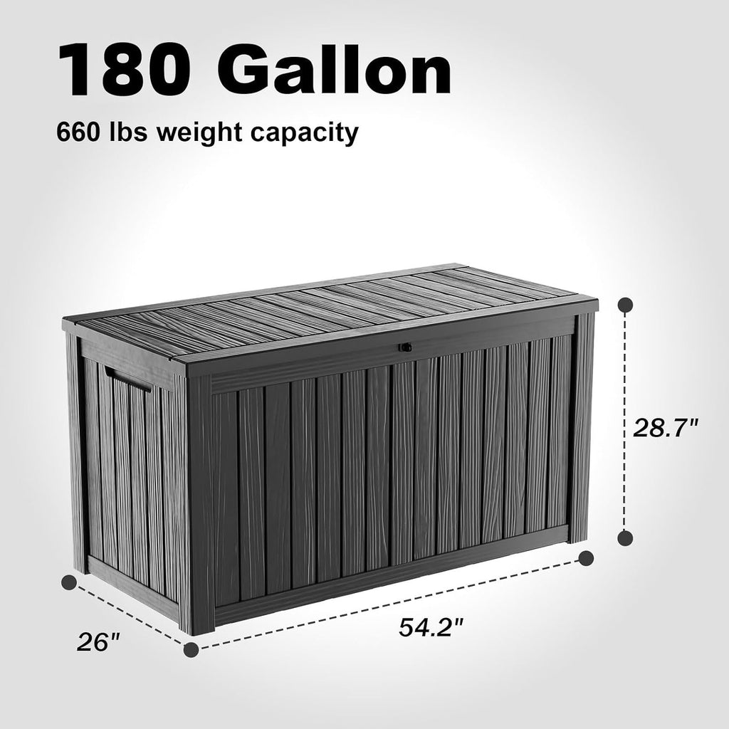 ROJIK 180 Gallon Outdoor Storage Box Waterproof-Patio Furniture Resin Deck Box, Garden Tools, Cushions, Pool Accessories Storage Bench with Lockable Lid and Side Handles (Black, 180 Gal)