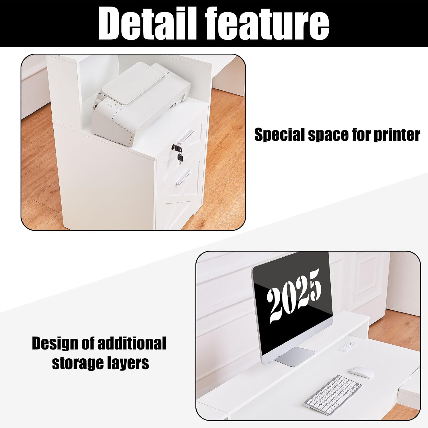 60' L Shaped Executive Desk with Printer Space,Corner Computer Desk with Power Outlets,Lockable Drawers & Adjustable File Cabnet,L Shaped Office Desk with Monitor Stand (White)