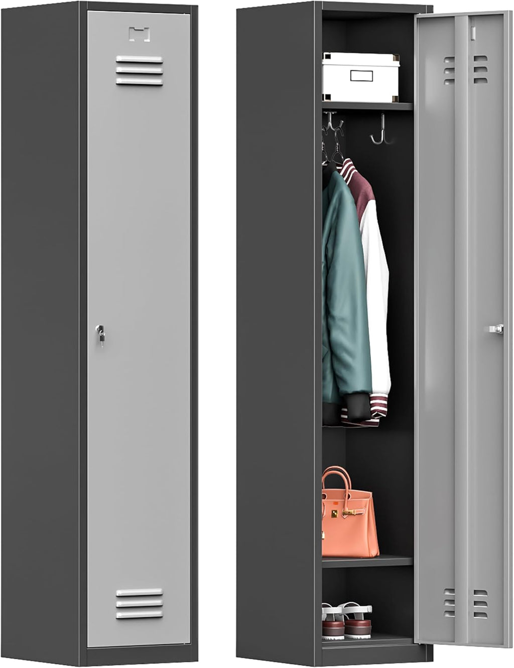 Bestoo Metal Armoire Wardrobe Closet with Locking Doors 71' Tall Narrow Steel Locking Storage Cabinet with 1 Lockable Door and Hooks for Employees, Gym, School, Home and Office (Black Gray)