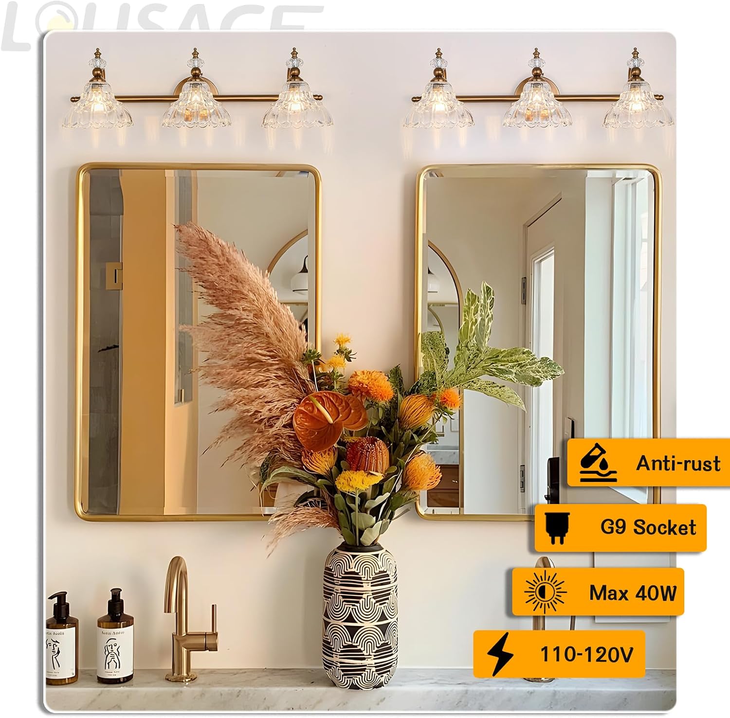 LOUSACE 3-Light Gold Vintage Bathroom Vanity Lights, Antique Brass Bathroom Light Fixture Over Mirror, Retro Brass Vanity Lighting Fixtures with Crystal Glass Shade, Restroom Wall Light Fixture