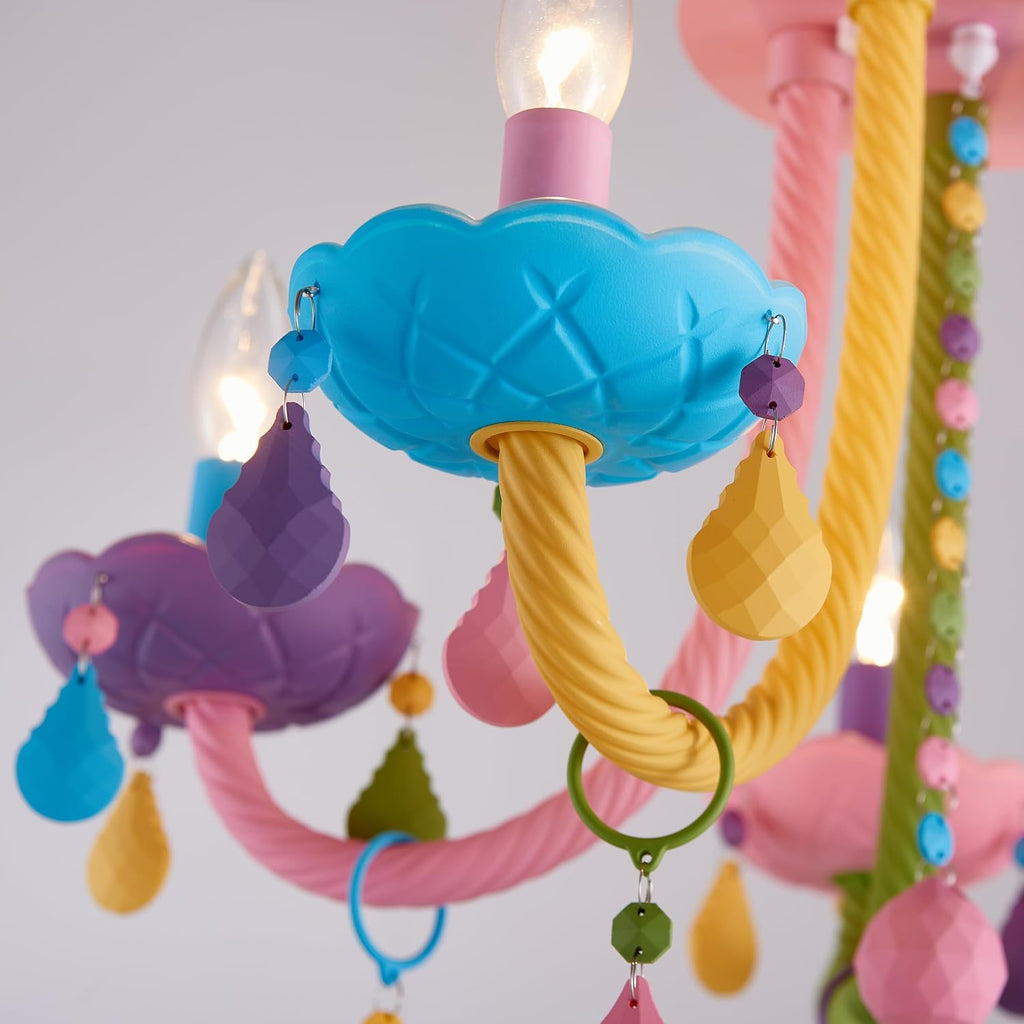 5-Light Children Candle Chandeliers, Modern Candy Design Flush Mount Close to Ceiling Light for Bedroom, Dining Room, Kitchen, Bathroom, D22 × H16 inch, Macaron Colorful Finish & K9 Crystal