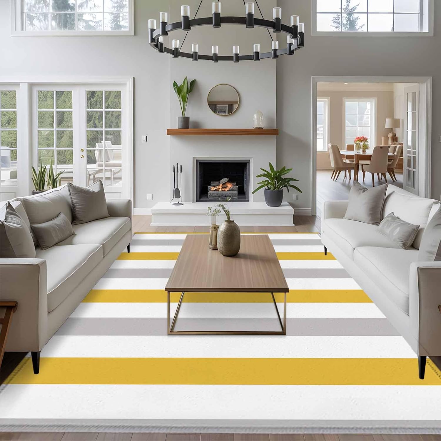 Living Room Rug 5x7, Orange Grey Striped Washable Non Slip Carpet for Bedroom, Bathroom, Office, Geometric Vertical Stripes White Low Pile Area Rug Indoor Outdoor Mats Home Decor Aesthetic