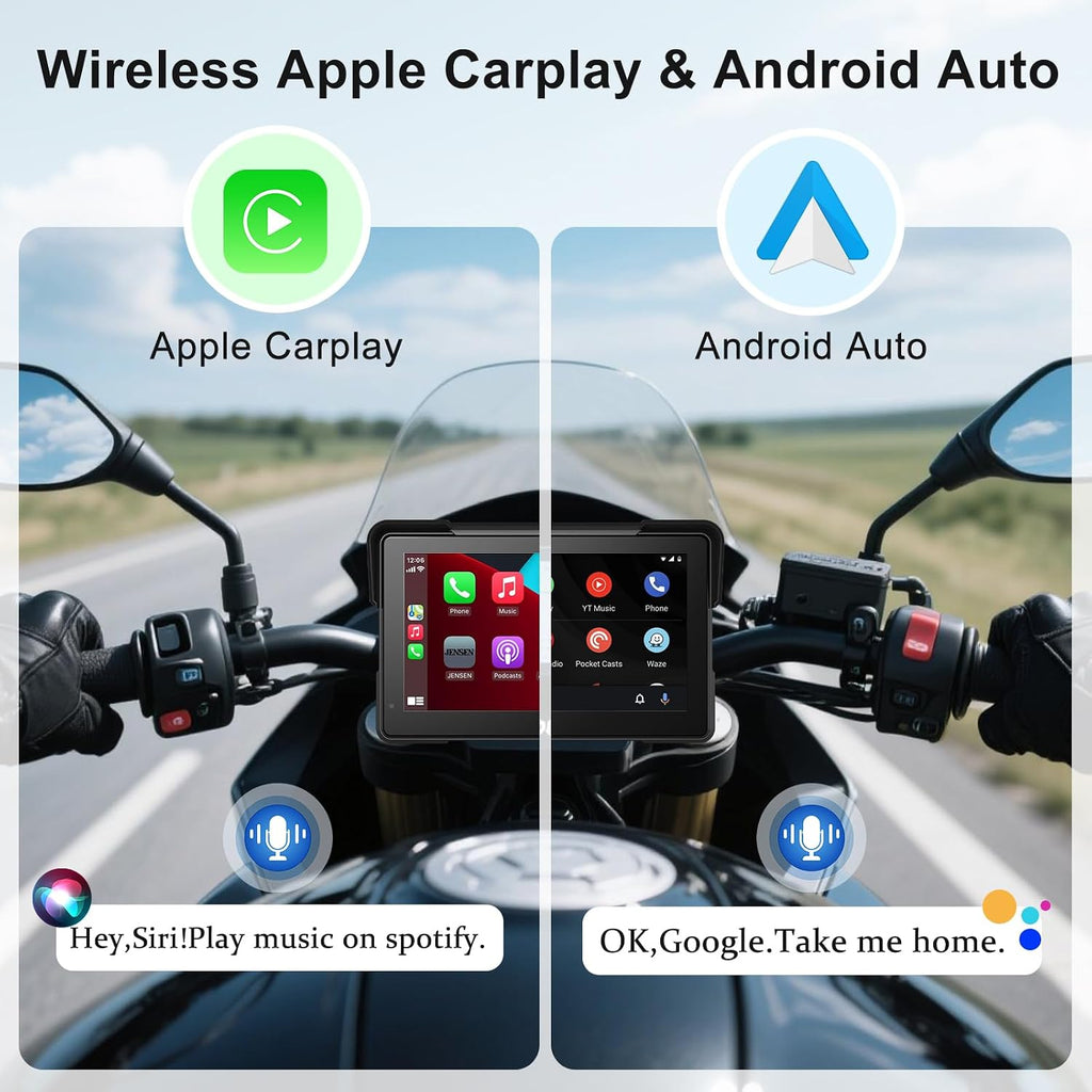 Wireless Motorcycle Apple Carplay,7 Inch Portable Motor GPS Navigation with Apple Carplay & Android Auto,Siri & Google Assistant, Anti-Glare/Bluetooth 5.2/TMPS/Voice Control/ IP69K Waterproof