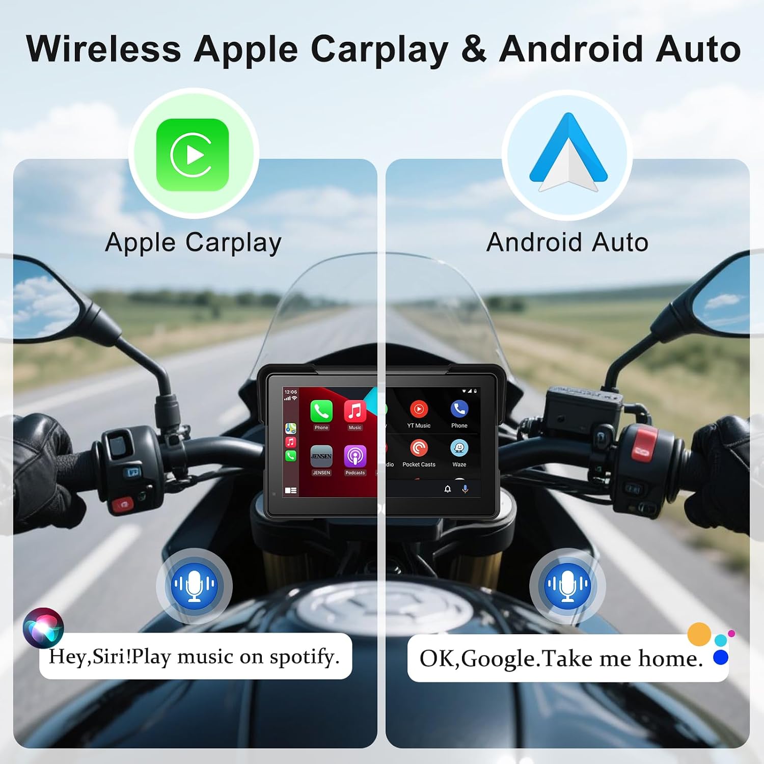 Wireless Motorcycle Apple Carplay,7 Inch Portable Motor GPS Navigation with Apple Carplay & Android Auto,Siri & Google Assistant, Anti-Glare/Bluetooth 5.2/TMPS/Voice Control/ IP69K Waterproof