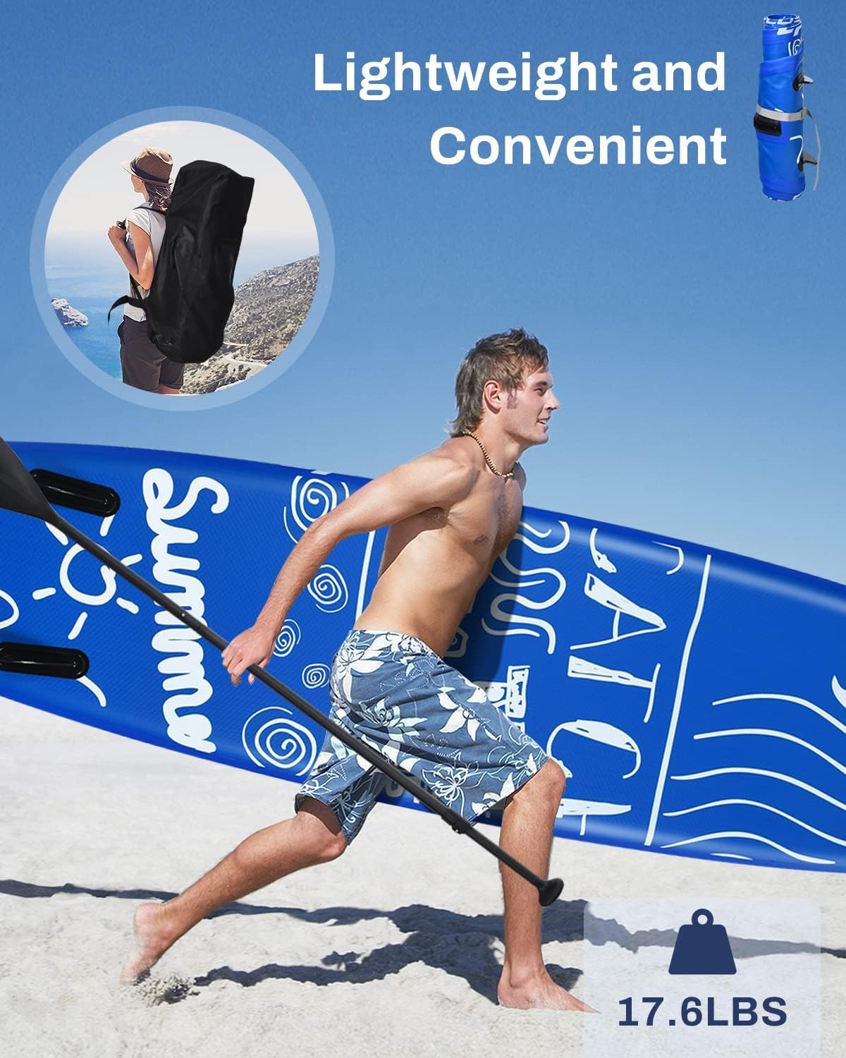 MEDIMALL 117'' x 30'' x 6'' SURF Pattern Inflatable Upright Paddle Board, Lightweight, with SUP Accessories, Detachable Fins, Paddle Board, Pump, Belt, and Handbag, Suitable for Adults and Teenagers