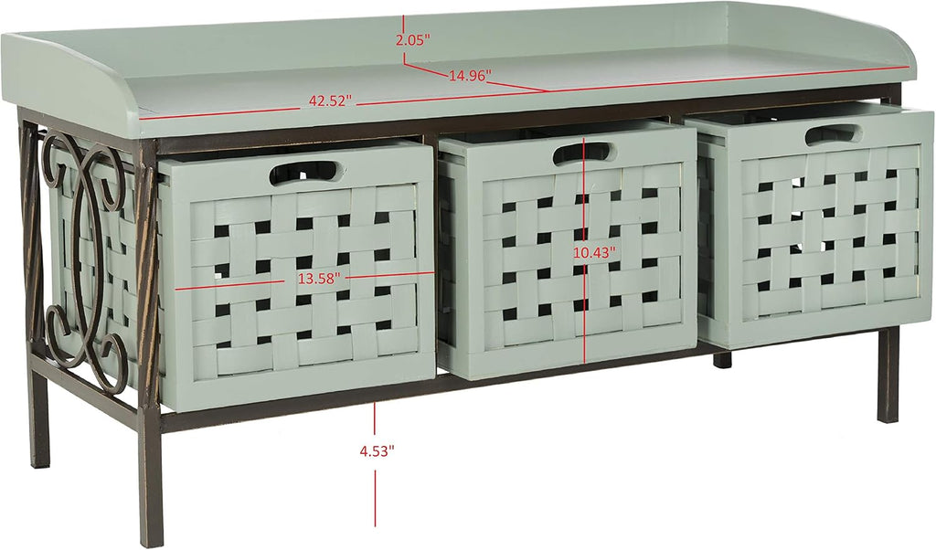 SAFAVIEH Home Collection – Isaac Dusty Green Wooden Storage Bench with Drawers, Entryway & Mudroom Seating, Iron Frame Design, Fully Assembled (AMH6530B)