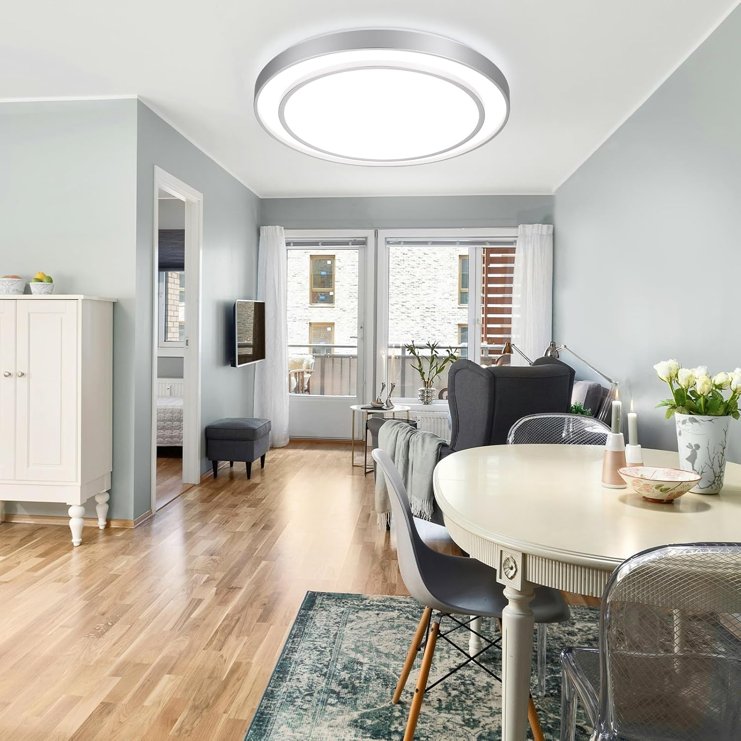 20' Flush Mount Ceiling Light Fixture 5CCT 2 Pack,Sliver Dimmable Light Fixture LED Ceiling Mount Round 36W, Modern Close to Ceiling Light for Living Room, Foyer, Kitchen, Bedroom