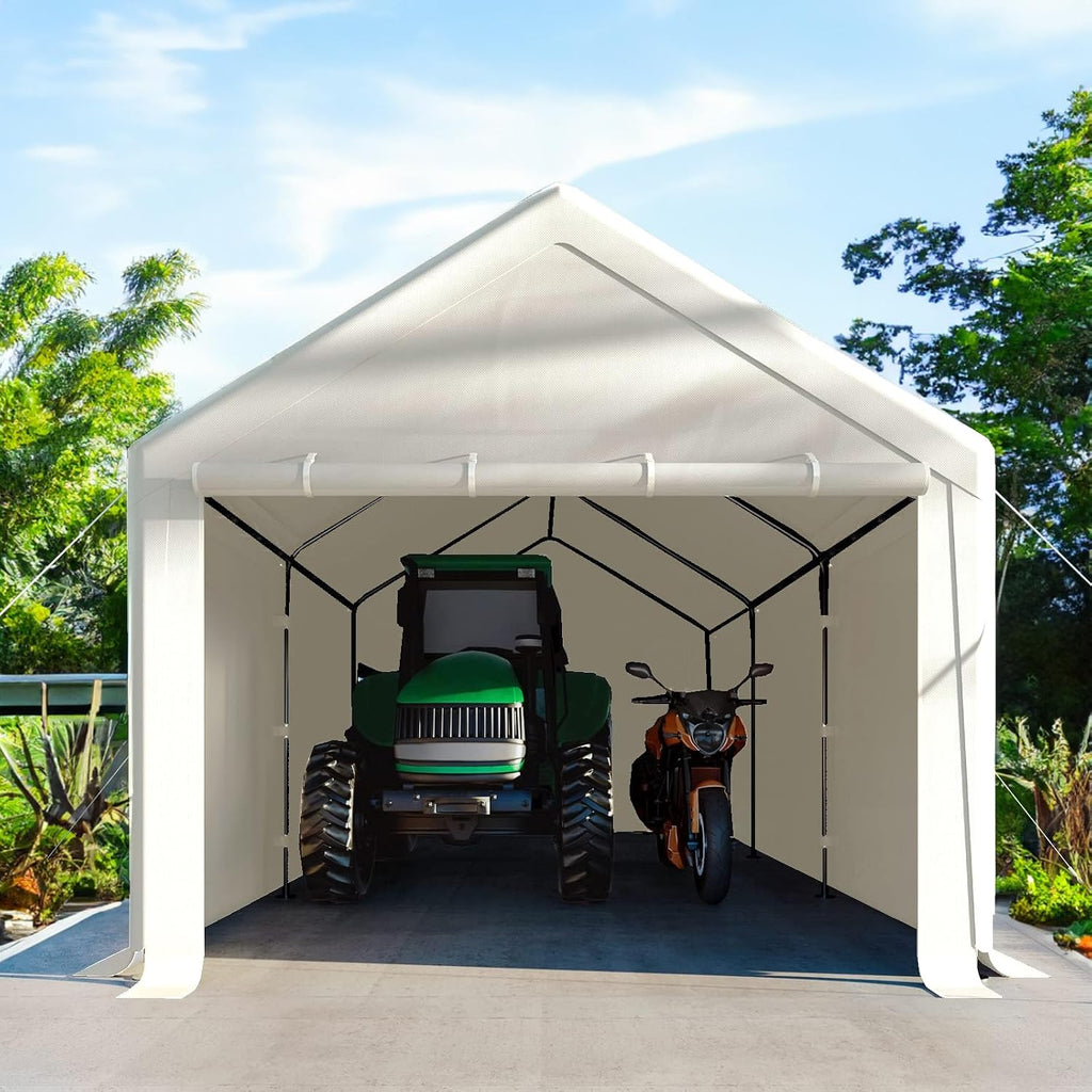10x20 FT Heavy Duty Carport Car Tent Car Canopy Storage Shed, Portable Garage with Removable Sidewalls & Doors All-Season Tarp for Car,Truck,SUV,Party White