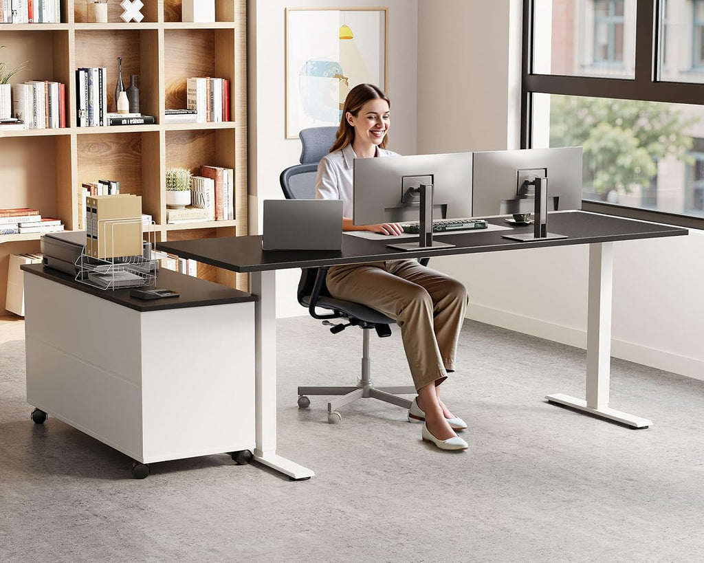 OffiGo 55 Inch L Shaped Electric Standing Desk with Drawers & File Cabinet Sets, Executive Sit Stand Desk, Height Adjustable Computer Desk for Home Office, Writing, Workstation, Black+White