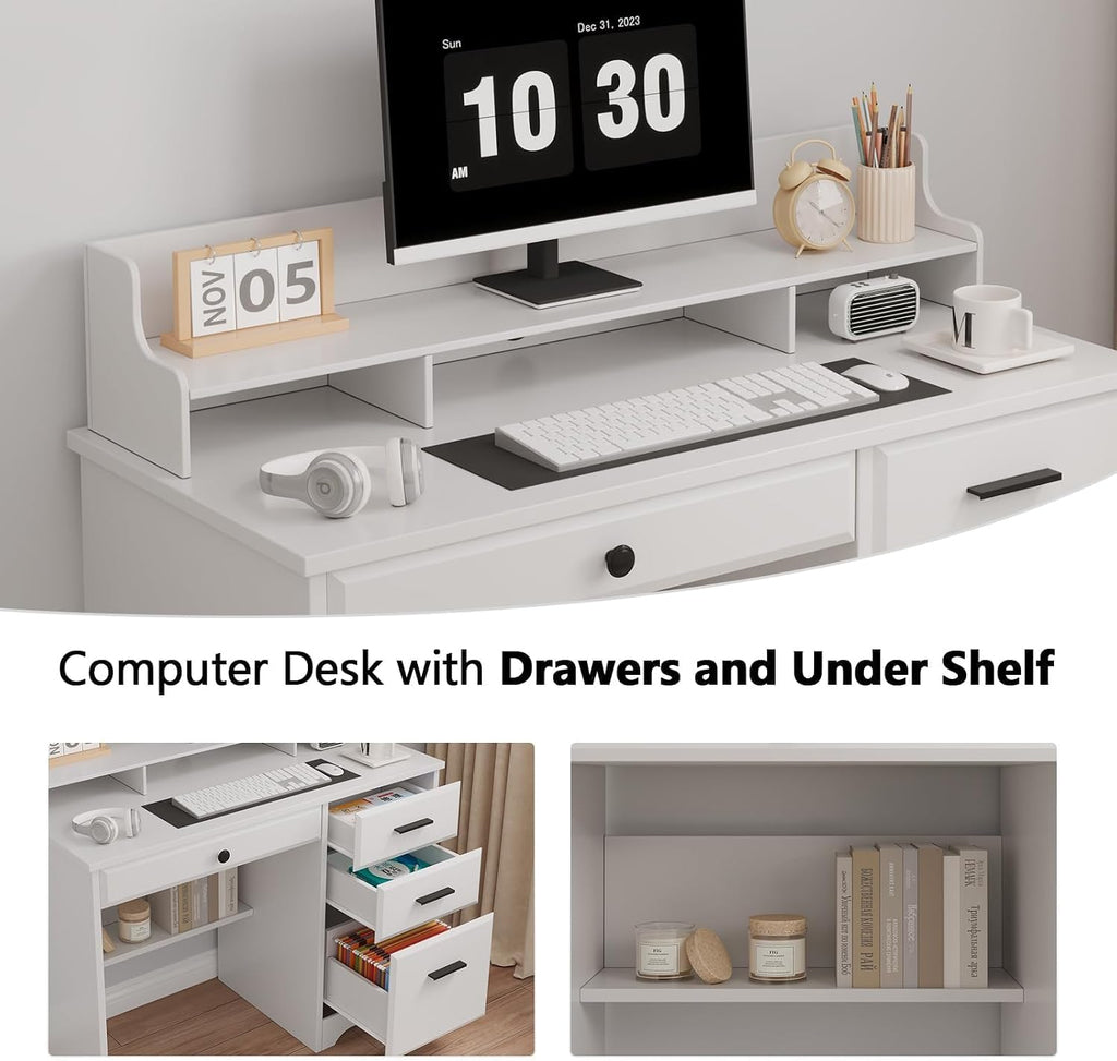 4 EVER WINNER White Desk with Drawers, 44 Inch Small Computer Desk with File Drawer and Monitor Stand, Wood Desk with Storage Shelf for Small Spaces, Living Room, Bedroom, White