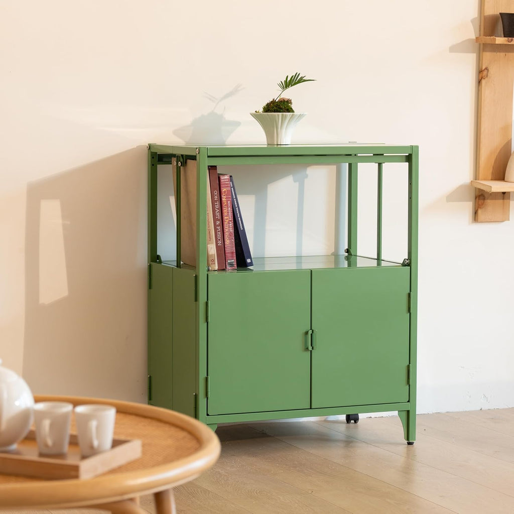 Modern Metal Folding Storage Cabinet, Cream Foldable Sideboard with Shelves, Entryway Console Cabinet Coffee Bar for Patio Outdoor Indoor Living Room Kitchen Bathroom, 5mins Assembly, Green