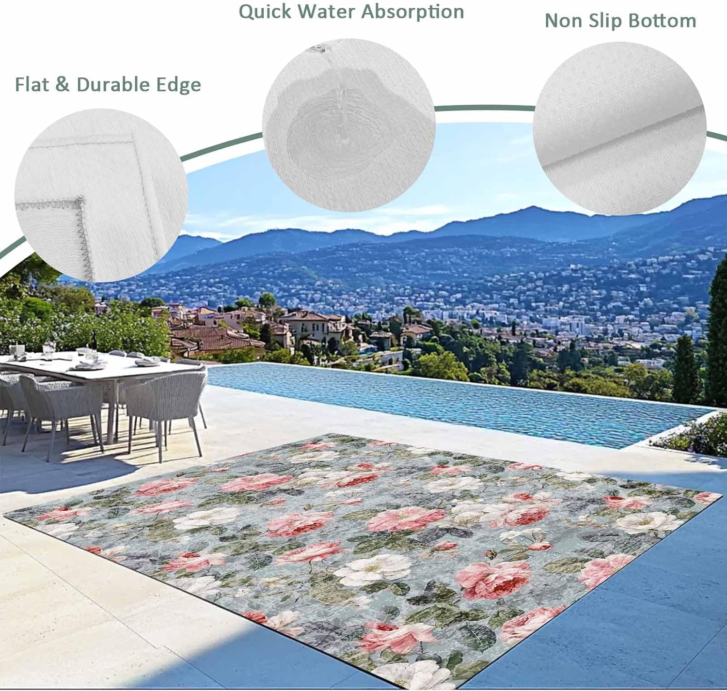 Vintage Spring Floral Outdoor Rug for Patio/Deck/Porch, Non-Slip Large Area Rug 6 x 9 Ft, Summer Botanical Watercolor Indoor Outdoor Rugs Washable Area Rugs, Reversible Camping Rug Carpet Runner