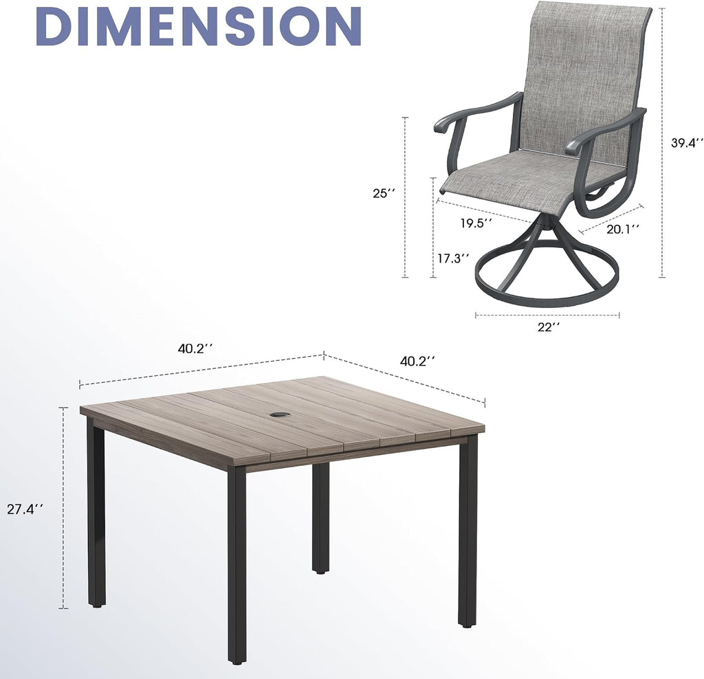 VICLLAX 5 Pieces Patio Dining Set, Patio Furniture Set of 4 Patio Swivel Dining Chairs and Square Patio Table, Grey Chairs & Antique Grey Tabletop