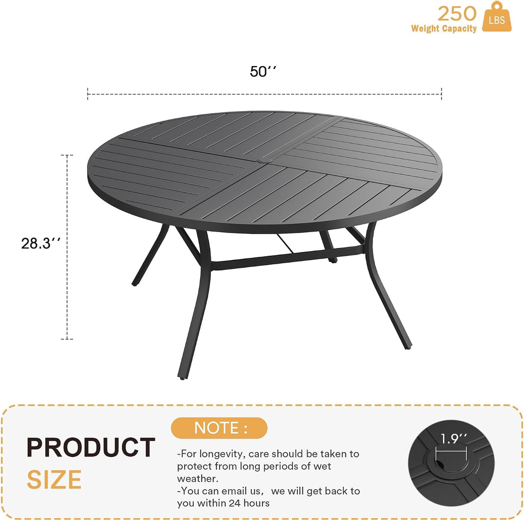 VICLLAX Round Patio Table with Adjustable Umbrella Hole for 6, All Weather 50' Metal Outdoor Dining Table for Lawn Garden, Black