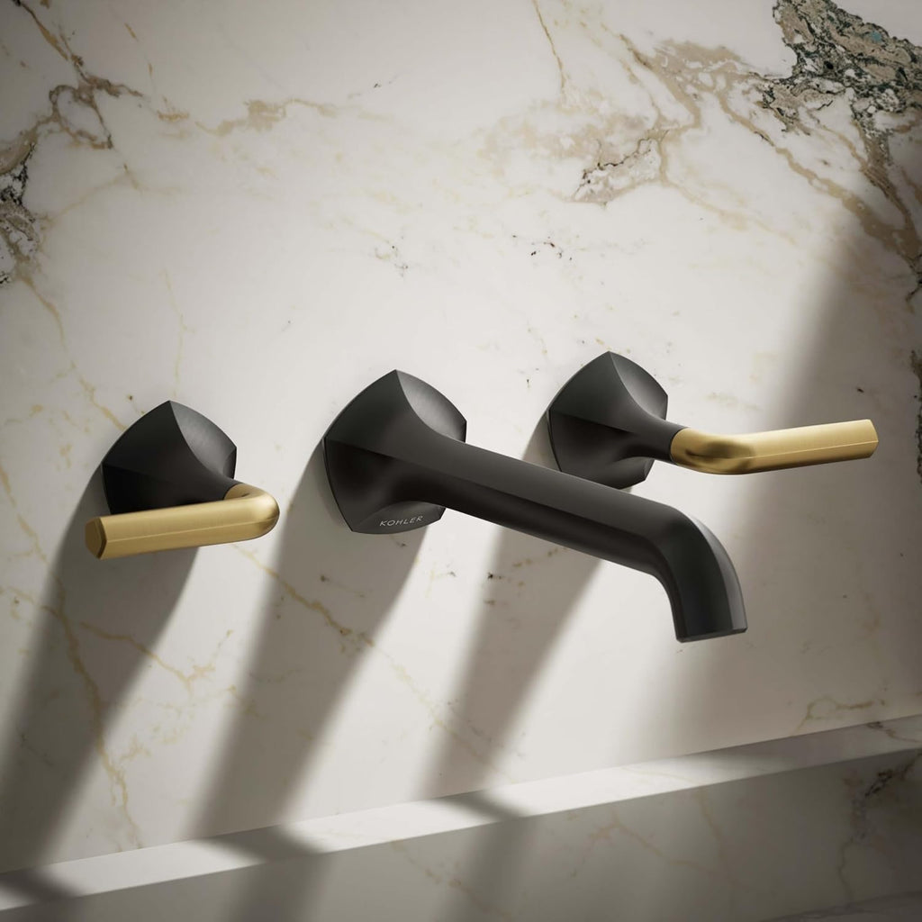 KOHLER T27013-4-BMB Occasion Wall-Mount Bathroom Sink Faucet Lever Handle Trim in Matte Black with Moderne Brass
