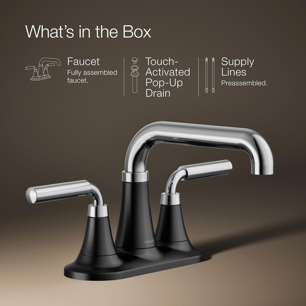 KOHLER K-27414-4-CBL Tone™ Centerset Bathroom Sink Faucet, Clicker Drain, Bathroom Faucets, 1.2 GPM, Polished Chrome with Matte Black