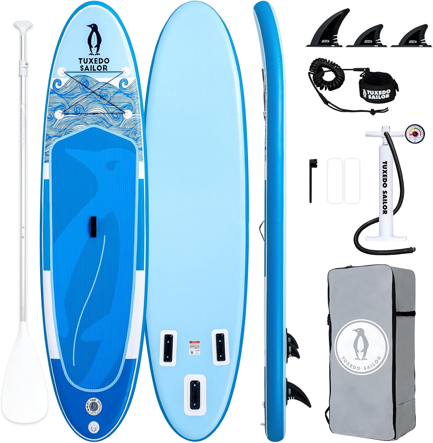 Tuxedo Sailor 10'6'×33'×6' Inflatable Stand Up Paddle Board with Premium SUP Accessories,Adults & Youth for All Skill Levels, Included with Board, Paddle, Pump, Fins, Backpack Blue Paddleboard