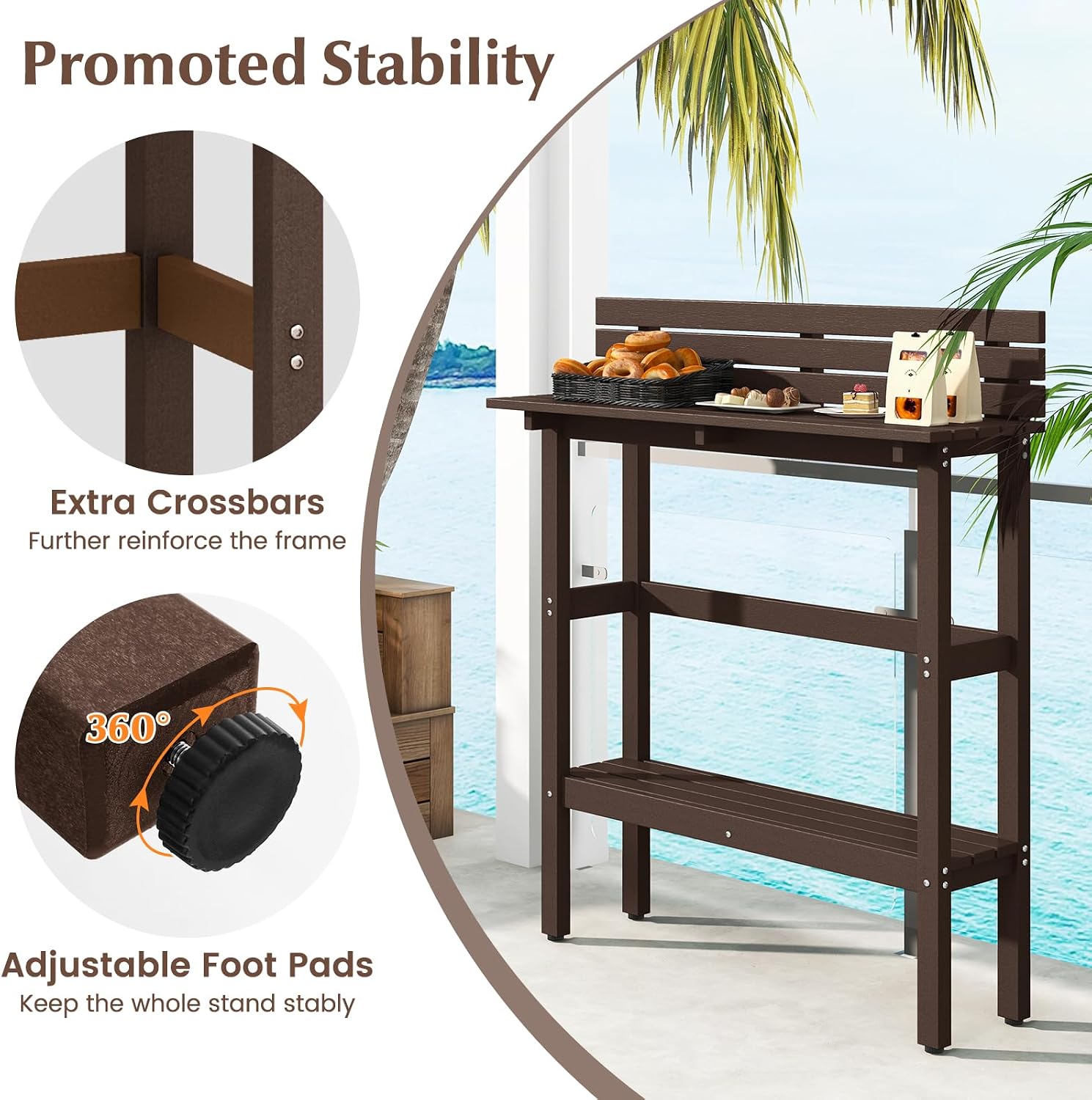Tangkula Outdoor Bar Table, 48 Inch Patio Pub Height Table with Storage Shelf & Adjustable Foot Pads, All-Weather Bar Height Counter Table, Narrow Dining Table for Hot Tub, Garden & Backyard (Coffee)