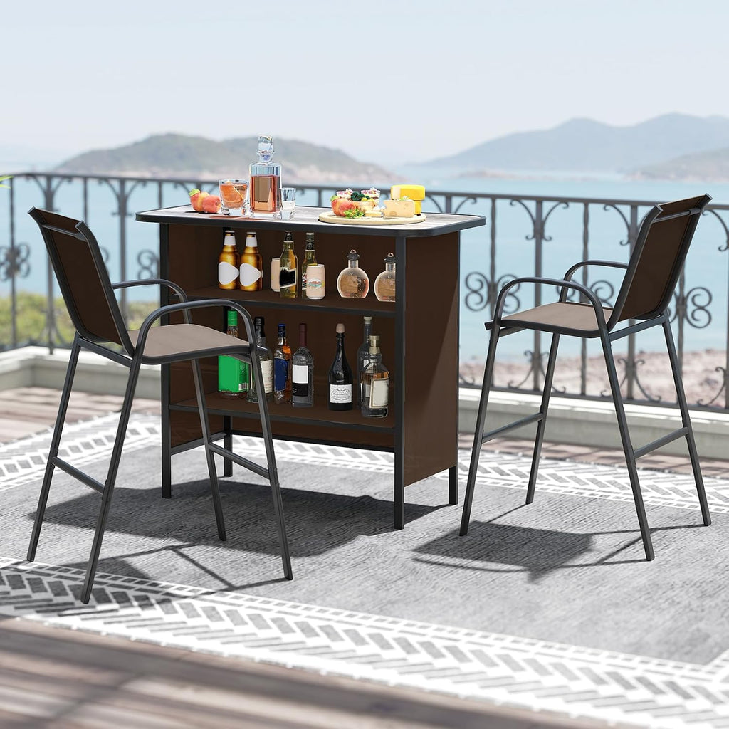 Tangkula 3 Piece Outdoor Bar Set, Patio Bar Height Table & Armchairs with Footrest, Wood Plastic Tabletop & 2-Tier Shelf, Heavy-Duty Metal Barstools & Table Furniture for Backyard, Poolside (Brown)