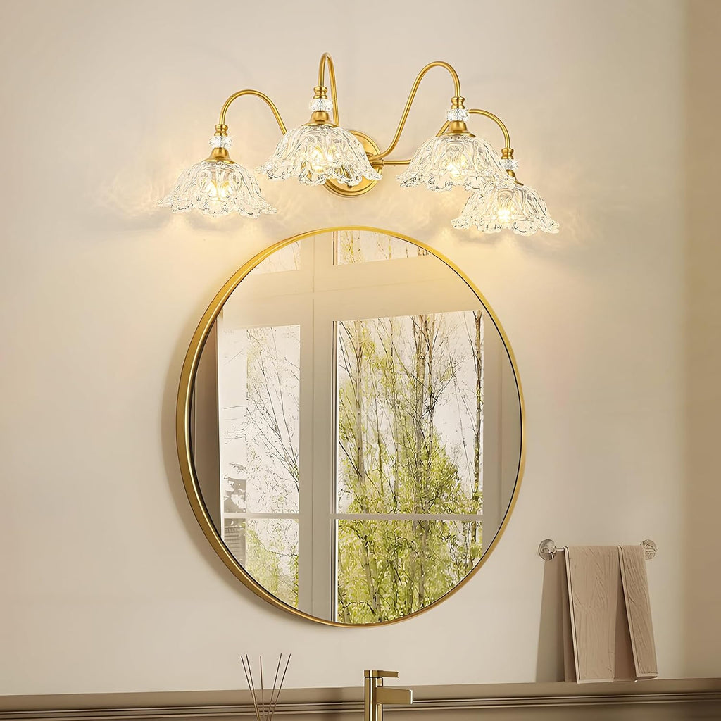 Gold Bathroom Vanity Light, 4-Light Brushed Gold Finish Vanity Light with Floral Clear Glass Shades, Vintage Wall Mount Lighting for Bathroom, Dressing Table