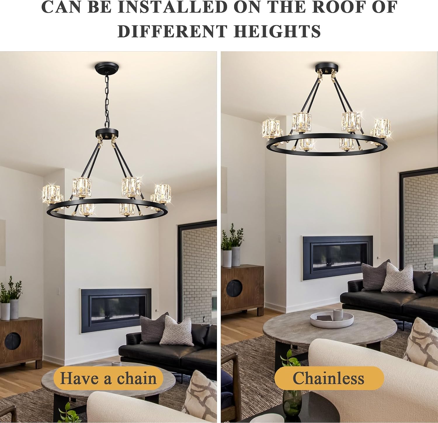 Black Wagon Wheel Chandelier, 8-Light Farmhouse Crystal Chandeleirs with Adjustable Height,Ceiling Hanging Light Fixture Pendant Lights for Living Room,Bedroom,Kitchen Island,Dining Room