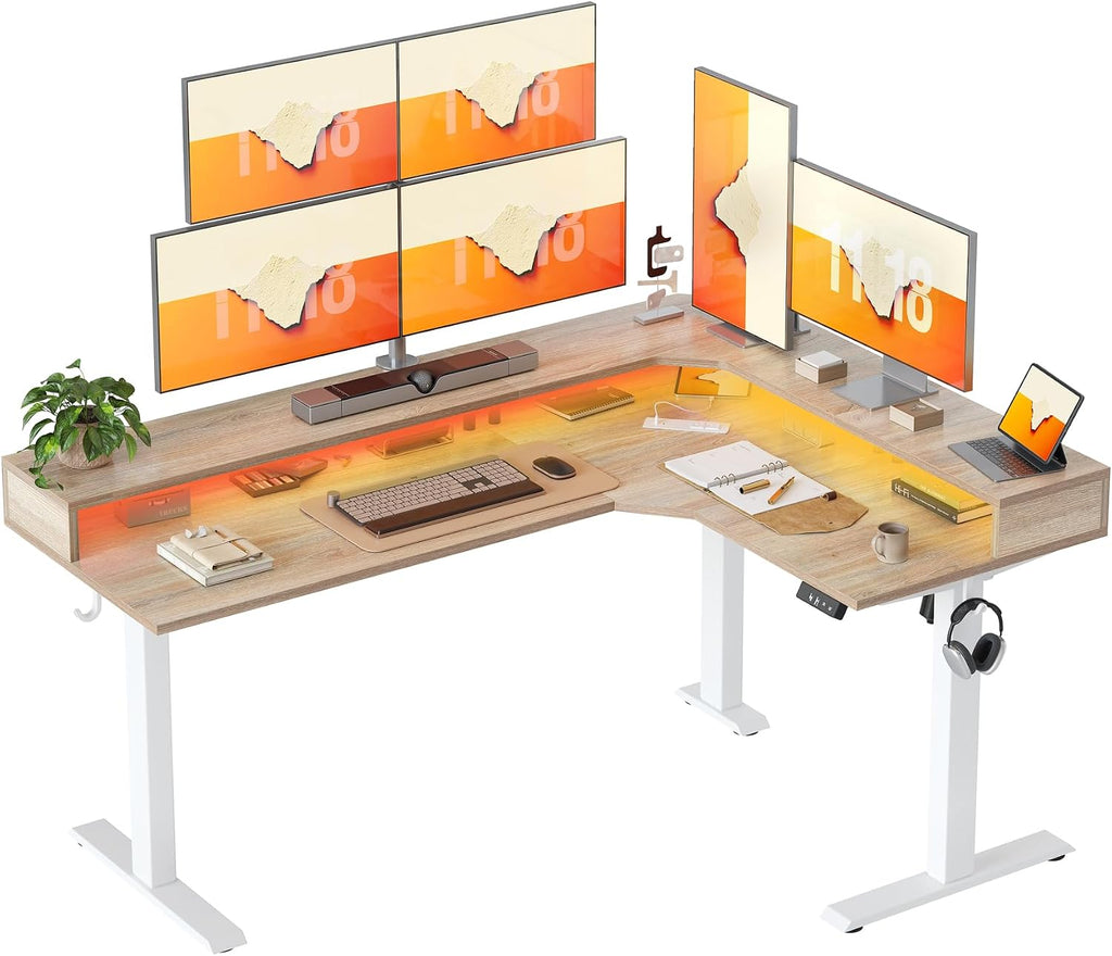TIQLAB 63'' L-Shaped Standing Desk with LED Light Strip and Power Outlet, Height Adjustable Corner Table with Ergonomic Monitor Stand, Maple