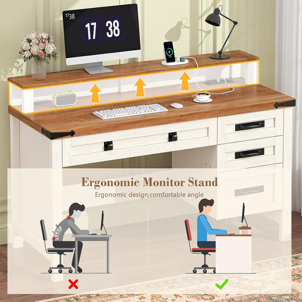 YOMILUVE Farmhouse Executive Desk with Drawers, 47' Computer Desk with Power Outlets, Home Office Desk with Monitor Stand & 4 Drawers, Small Desk Writing Study Table, Antique White