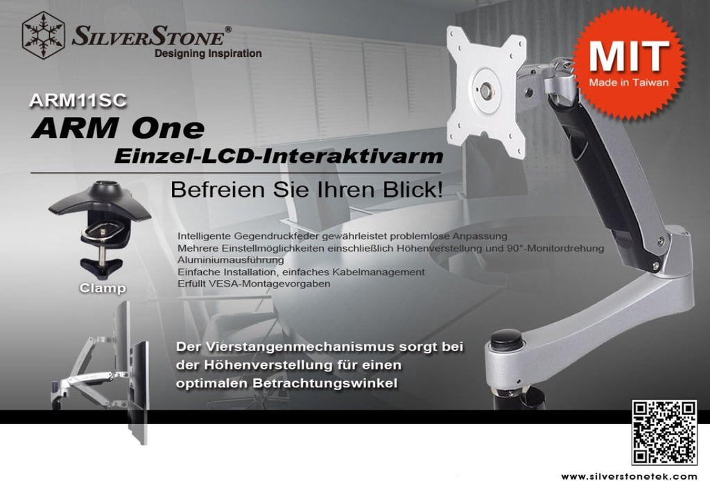 Silverstone SST-ARM11SC - Single ARM LCD LED Monitor Mount Bracket, Adjustable, with 360° Rotation, 90° tilt up/Down, 90° tilt Left/Right & Pull Out 180° Swivel Arm - Max VESA 100x100, Silver