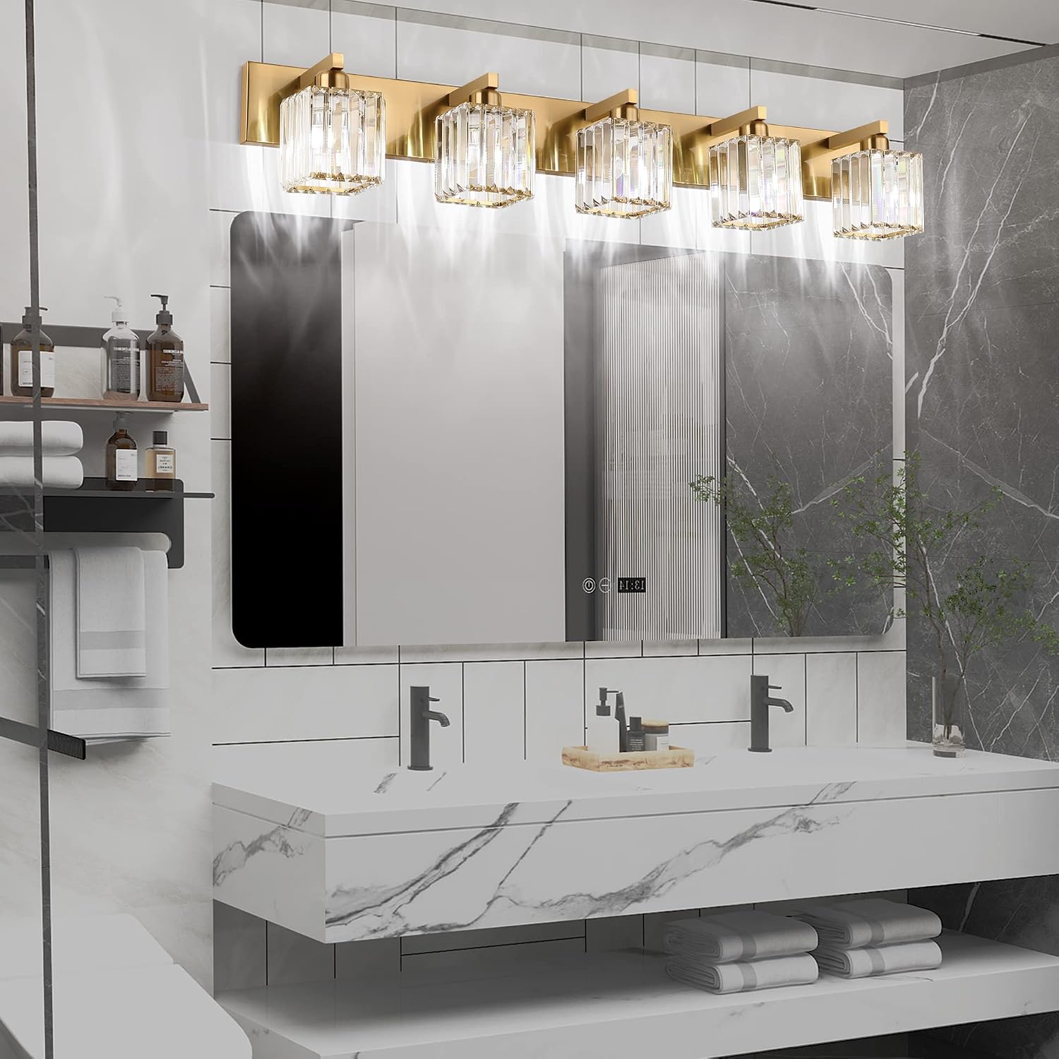 Aipsun Bathroom Vanity Lights Fixtures Crystal Vanity Light 5 Light Modern Brass Bathroom Lighting Fixtures (Exclude Bulb)