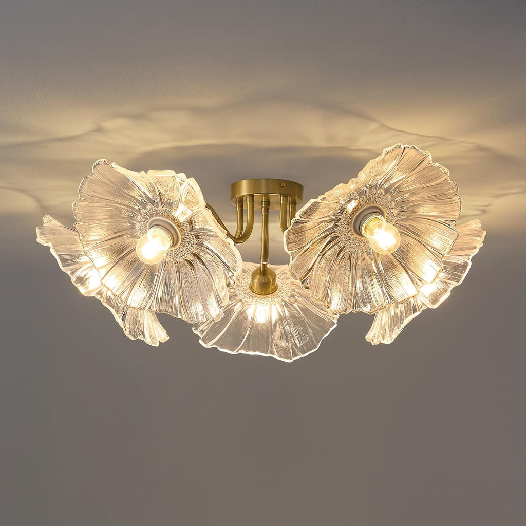 Flower Glass 5 Lights Ceiling Light - Gold Vintage Floral Semi Flush Mount Chandelier Lightin Fixture - Mid Century Modern Art Deco Lamp for Bedroom Bathroom Hallway Hall Laundry Kitchen Dining Room