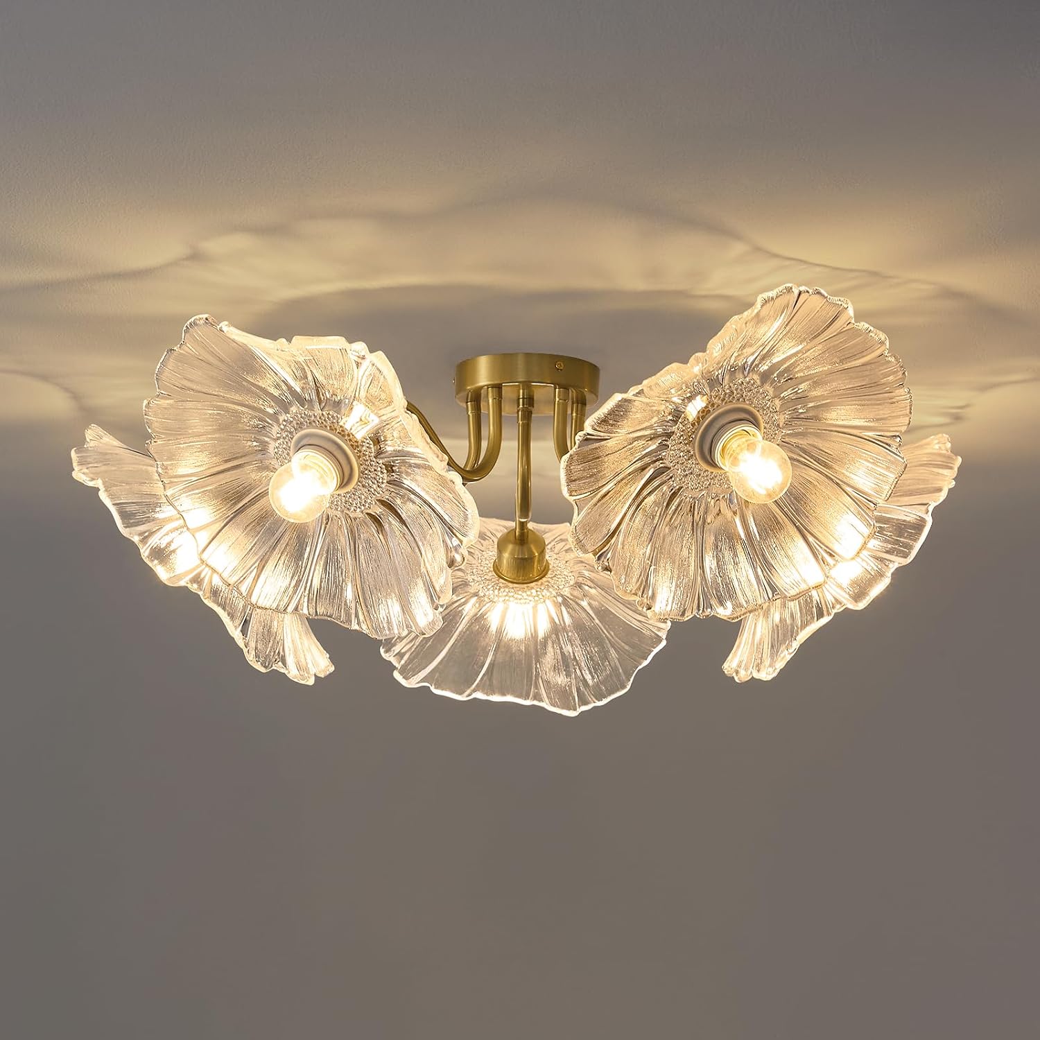 Flower Glass 5 Lights Ceiling Light - Gold Vintage Floral Semi Flush Mount Chandelier Lightin Fixture - Mid Century Modern Art Deco Lamp for Bedroom Bathroom Hallway Hall Laundry Kitchen Dining Room