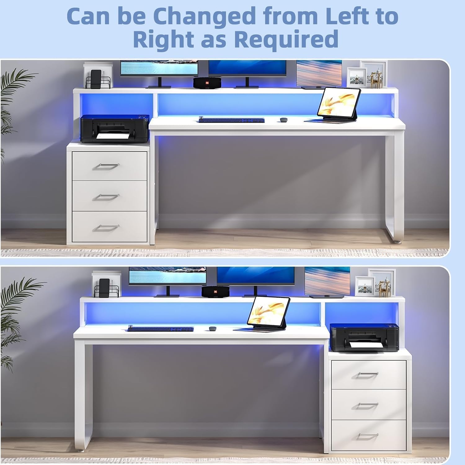 MaverickFurni 67' White Desk with Drawers, Reversible Computer Desk with Moniter Stand and LED Lights, Home Office Desk with Printer Shelf, White