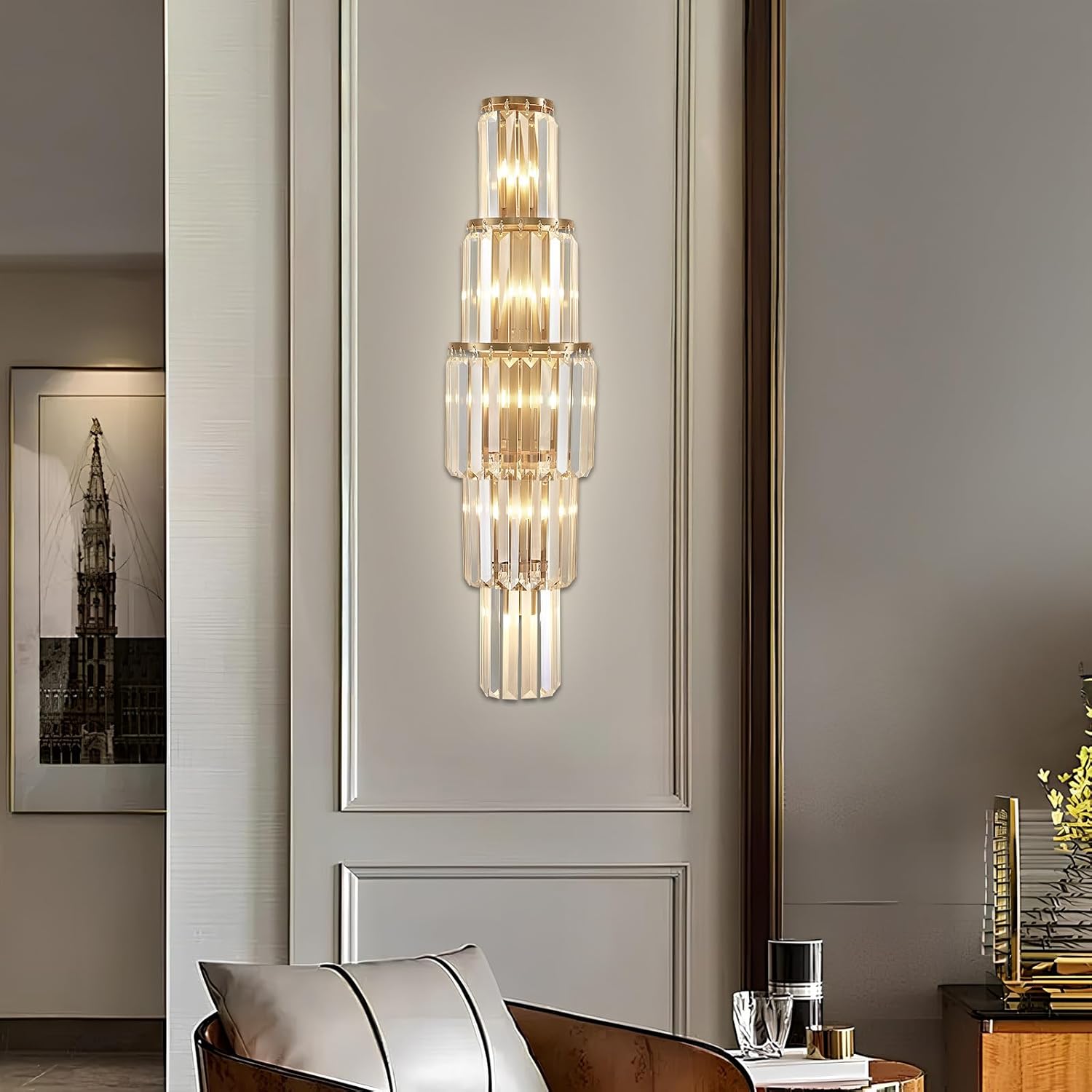 29.5 inch Modern Wall Sconce Contemporary Crystal Wall Sconce 5-Light Gold Bathroom Light Fixtures for Bedroom Hallway Living Room